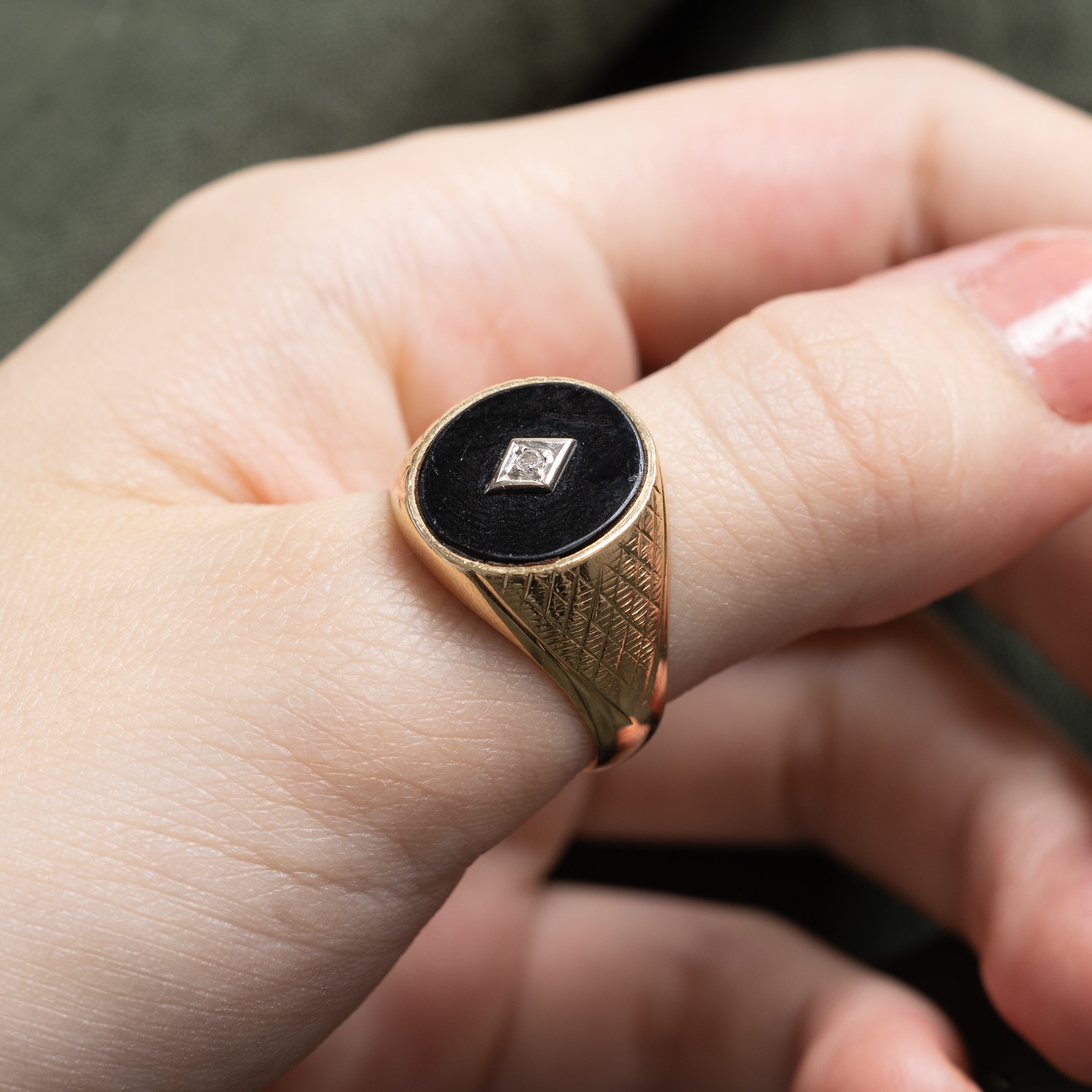 14k Onyx & Diamond Cross-Hatch Signet Ring | 2.30ct | SZ 10.25