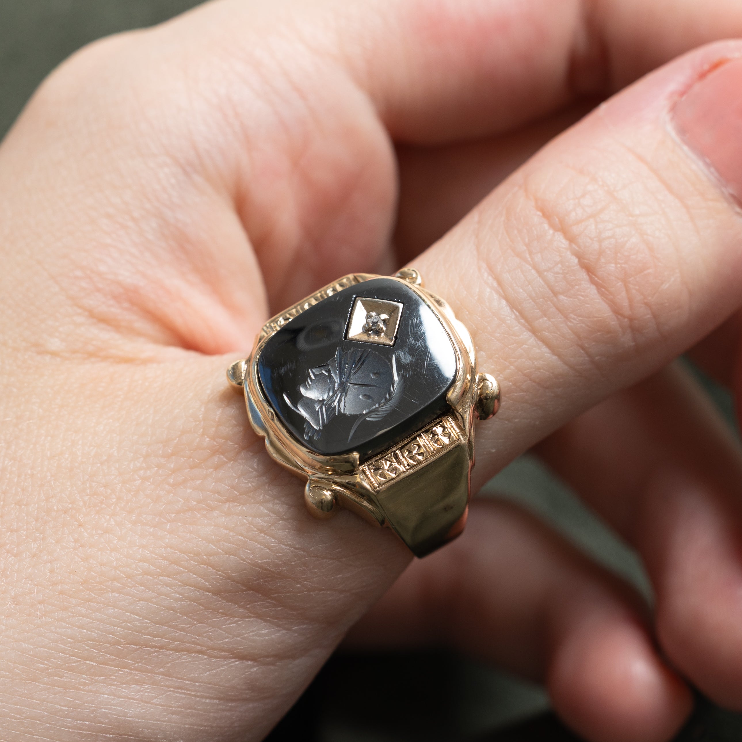10k Hematite & Diamond Legionnaire Intaglio Signet Ring | 3.84ct | SZ 11