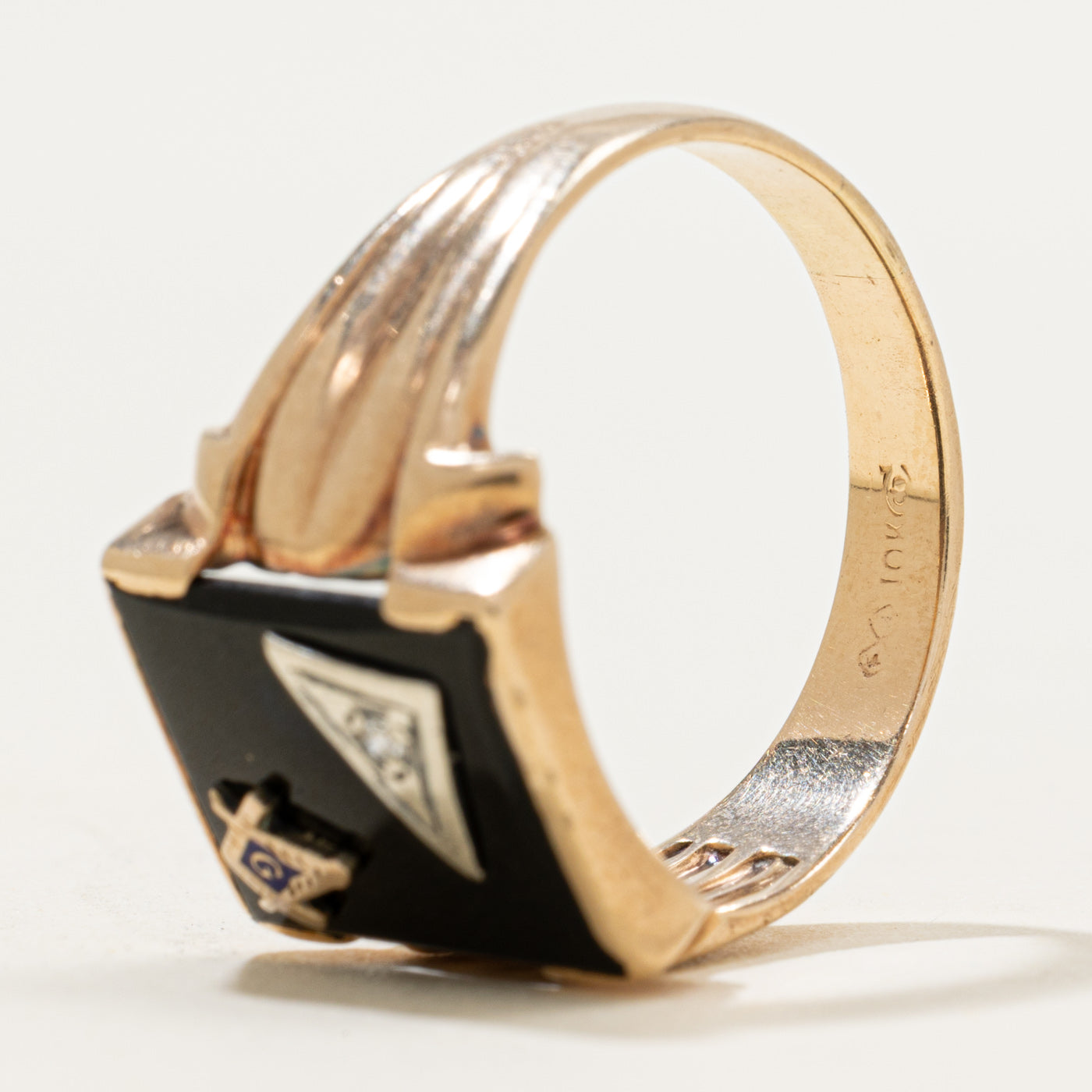 Vintage Canadian 10k Onyx & Diamond Freemason Signet Ring | 2.55ct | SZ 12