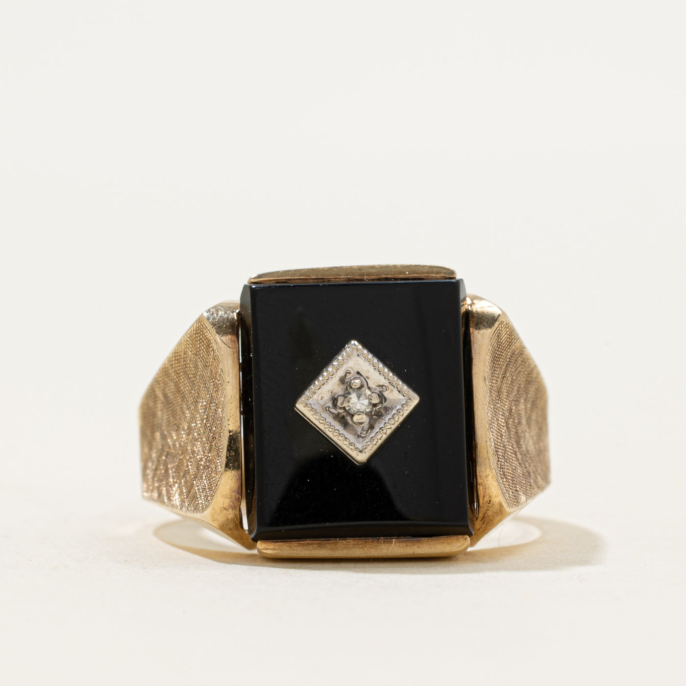 10k Onyx & Diamond Textured Signet Ring | 2.42ct | SZ 10.75