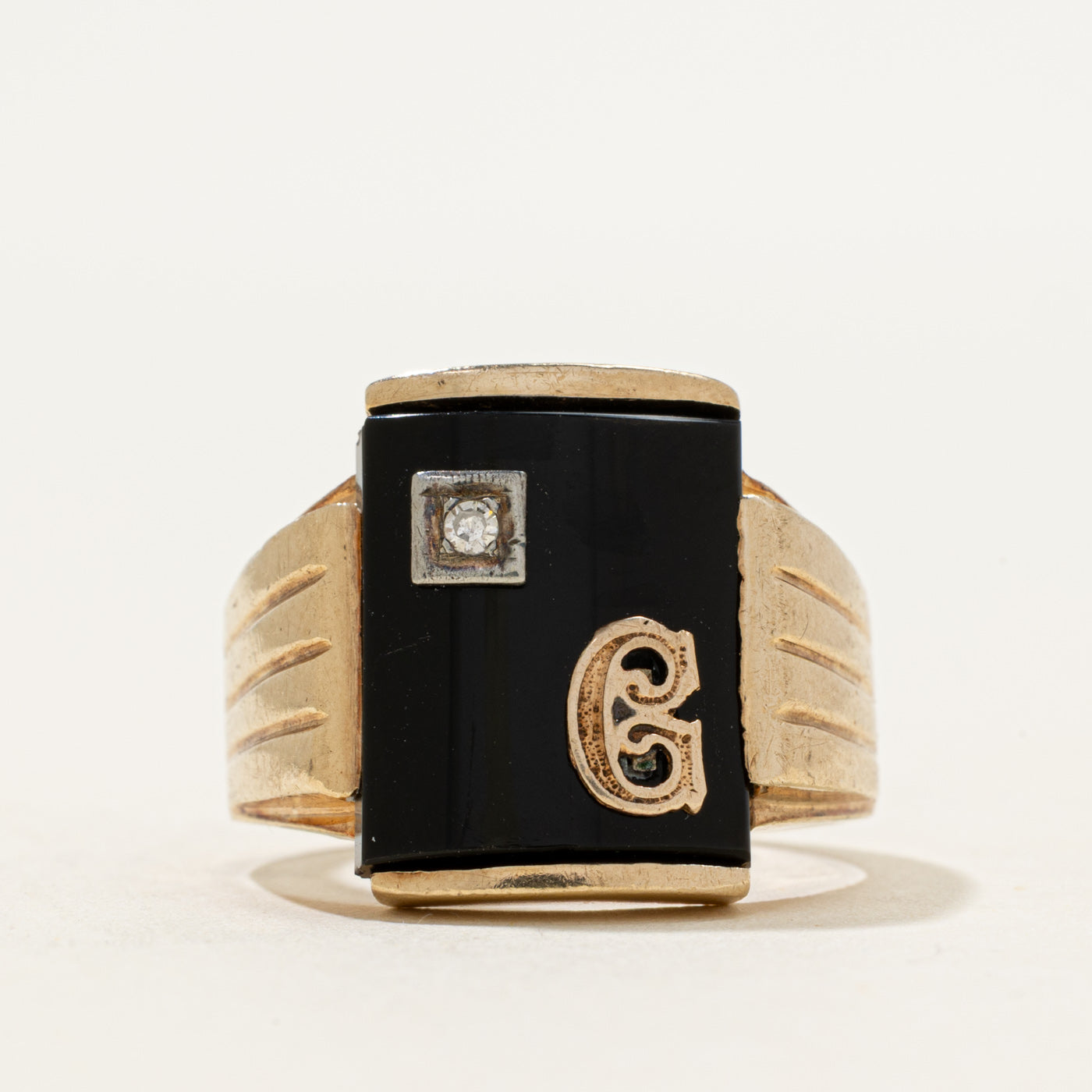 10k Onyx & Diamond "C" Initial Grooved Signet Ring | 2.43ct | SZ 7.5