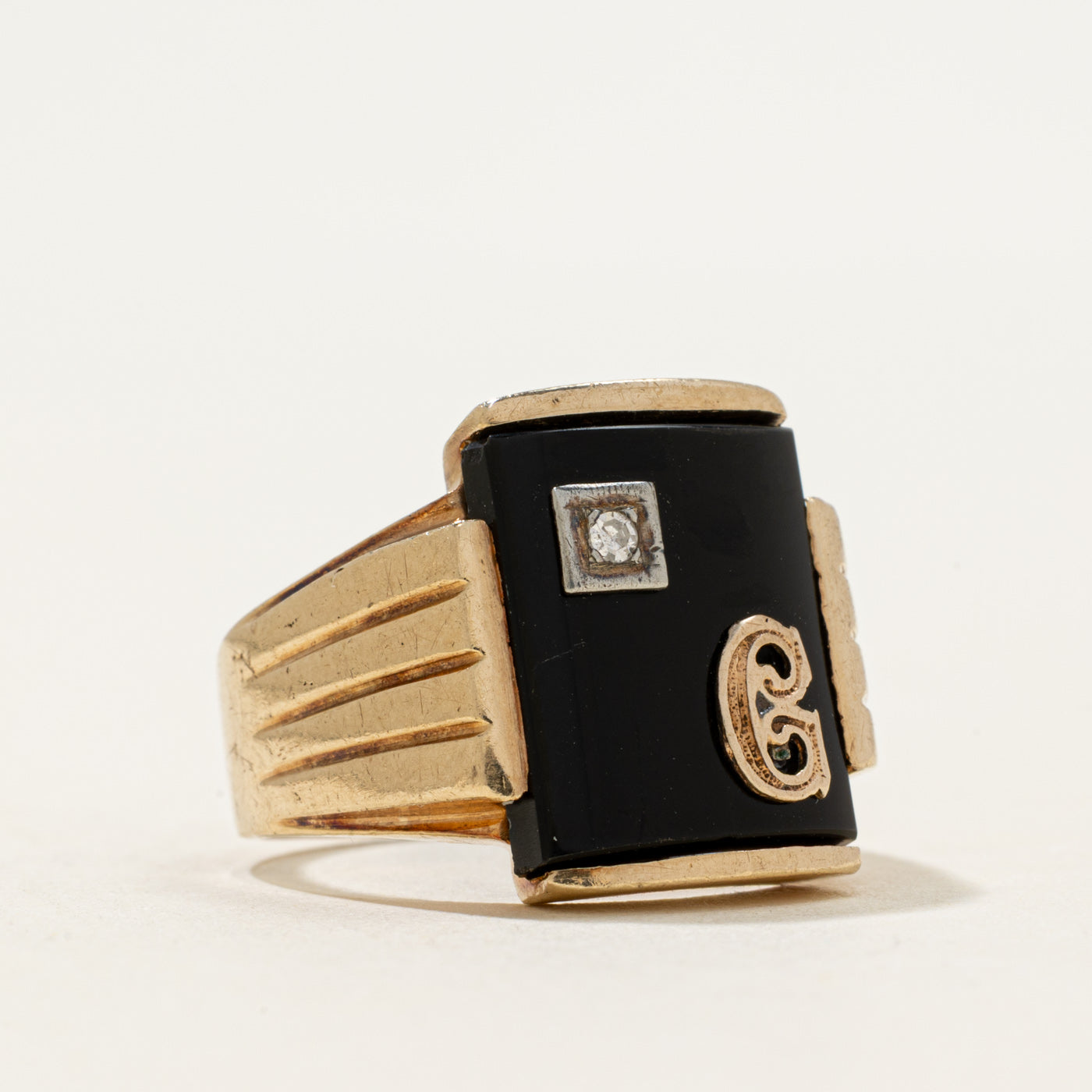10k Onyx & Diamond "C" Initial Grooved Signet Ring | 2.43ct | SZ 7.5