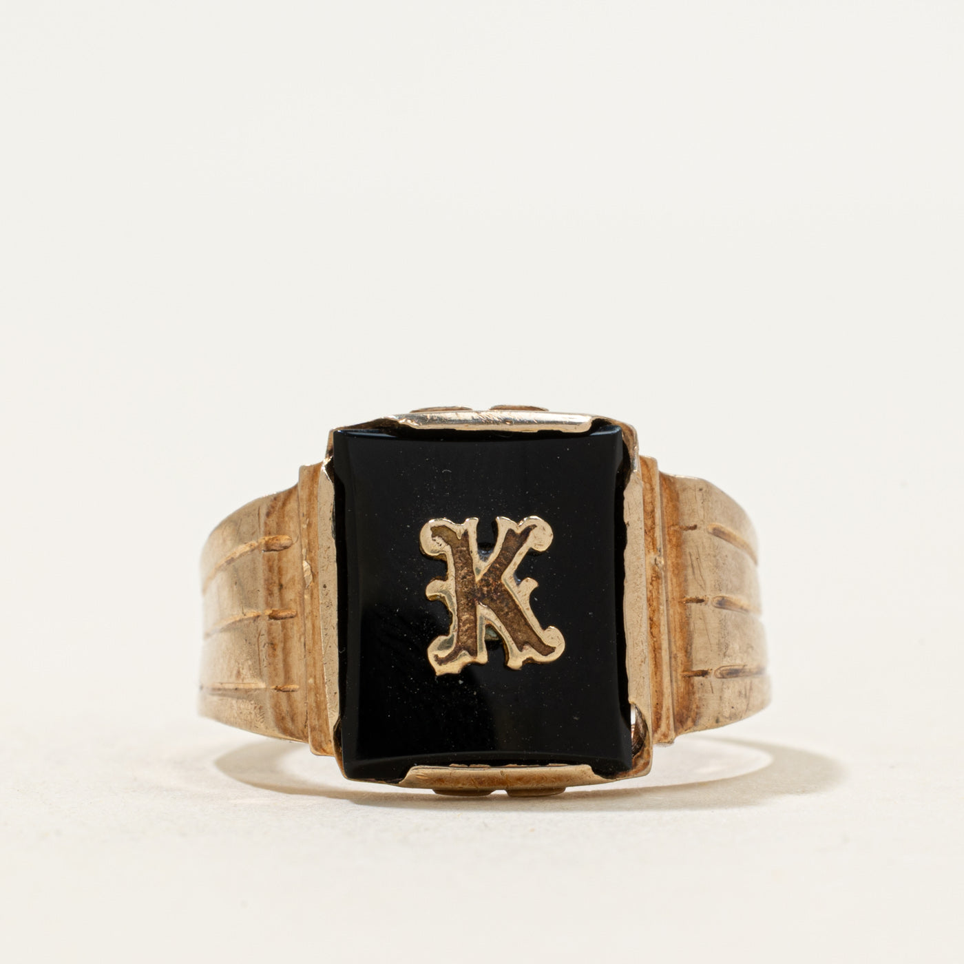 Vintage Canadian 10k Onyx "K" Initial Signet Ring | 1.37ct | SZ 8.25