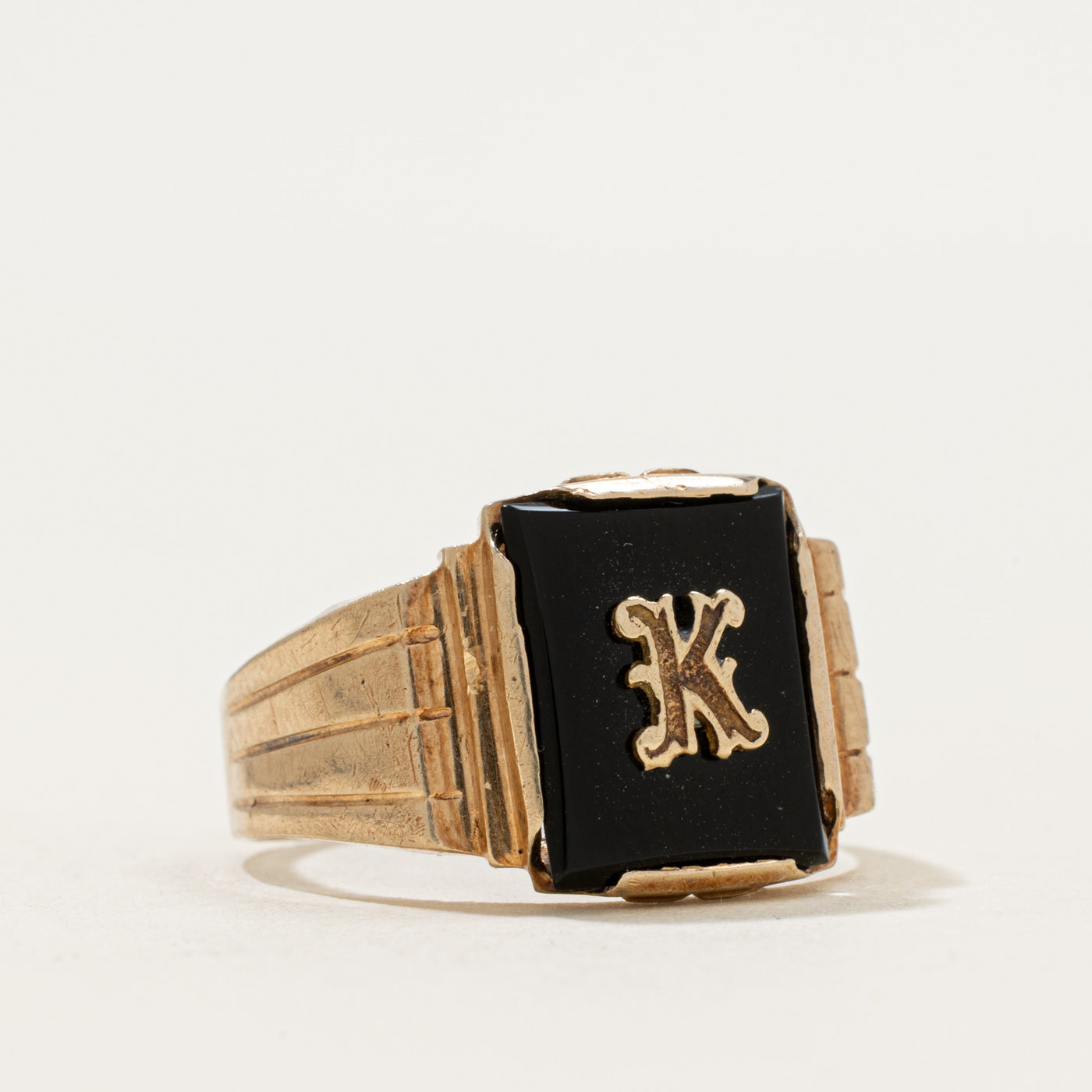 Vintage Canadian 10k Onyx "K" Initial Signet Ring | 1.37ct | SZ 8.25