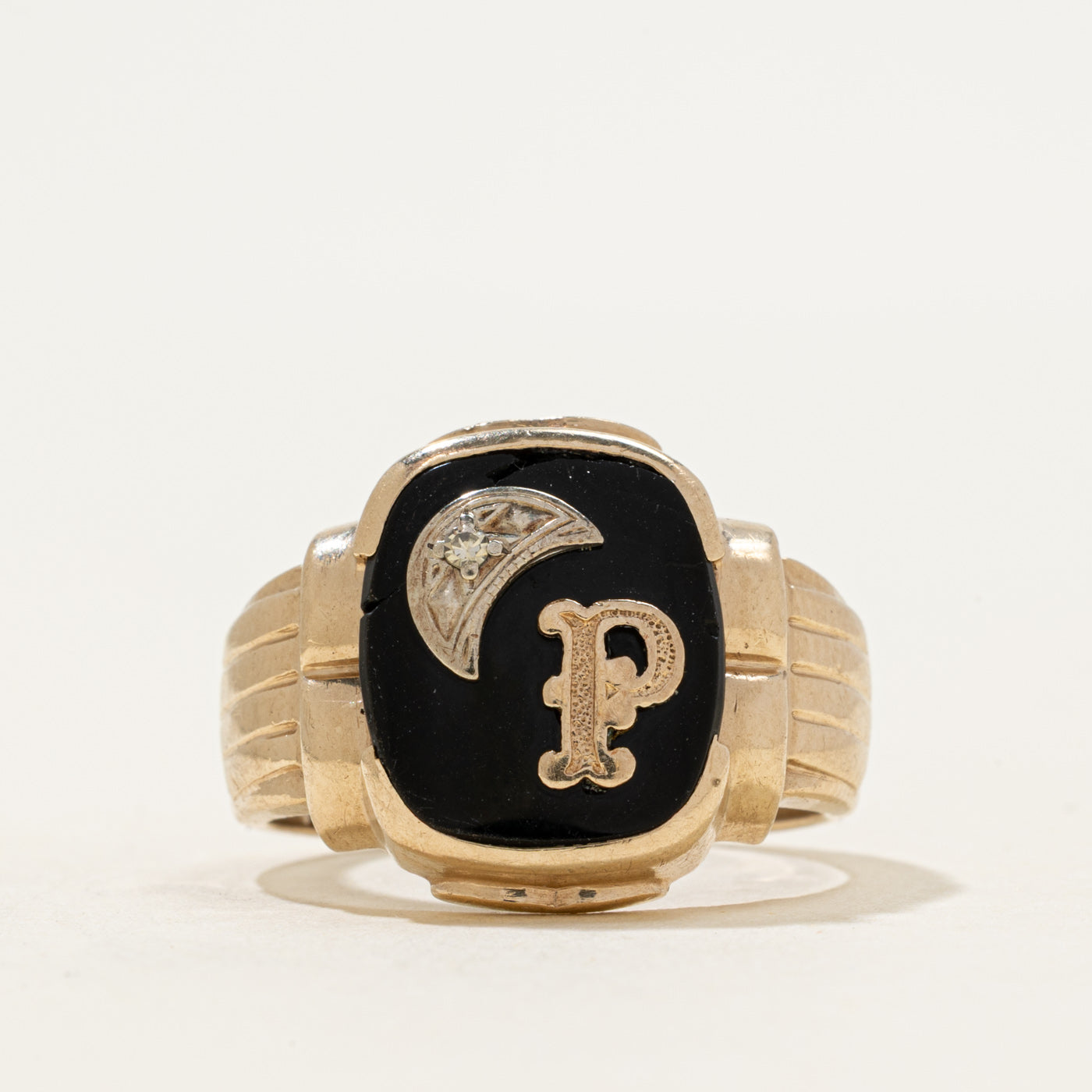 10k Onyx & Diamond "P" Initial Signet Ring | 2.66ct | SZ 9.75