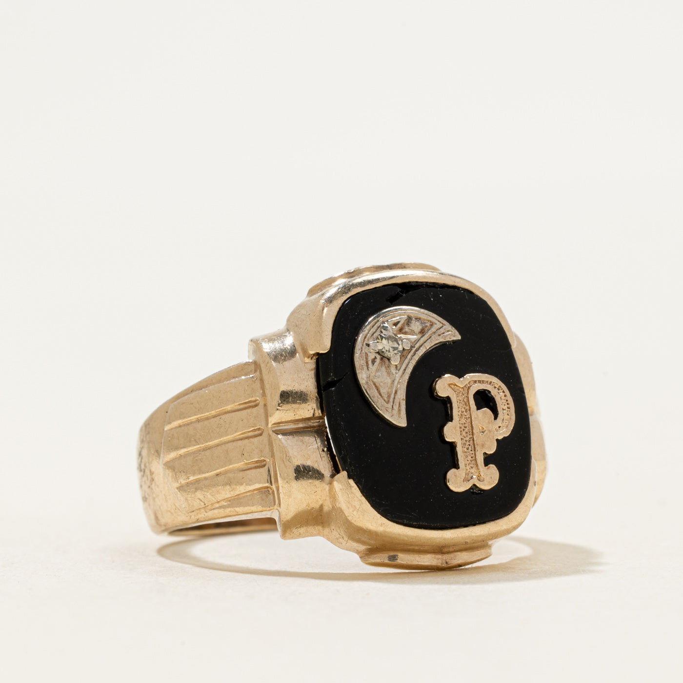 10k Onyx & Diamond "P" Initial Signet Ring | 2.66ct | SZ 9.75