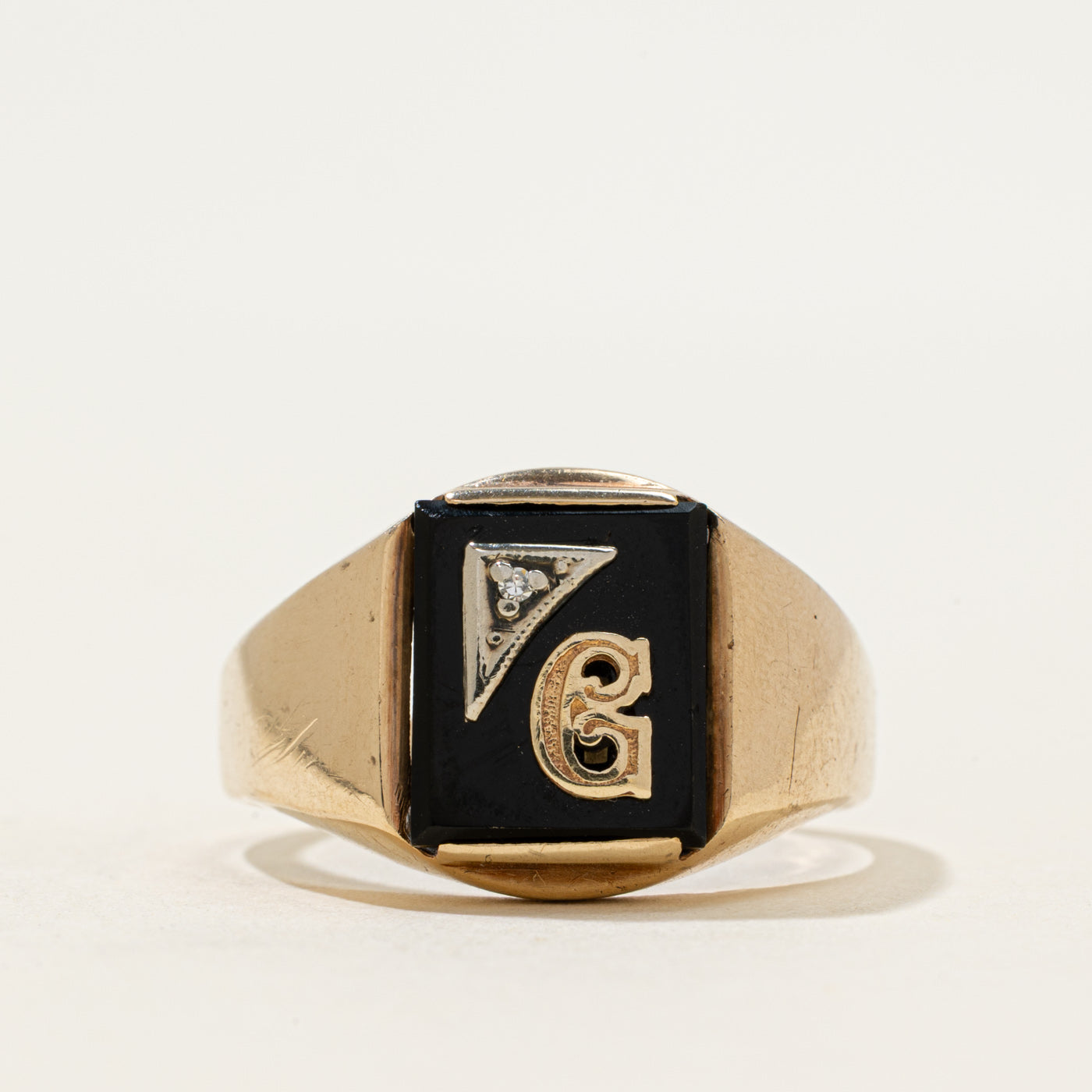 10k Onyx & White Sapphire Accent "G" Initial Signet Ring | 1.81ctw | SZ 13