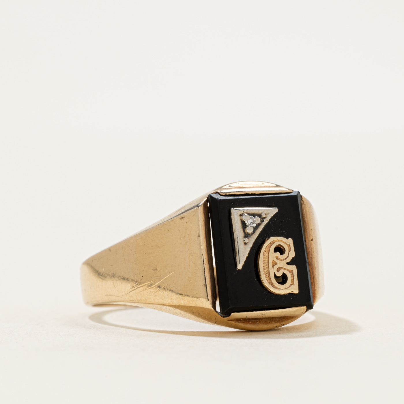 10k Onyx & White Sapphire Accent "G" Initial Signet Ring | 1.81ctw | SZ 13