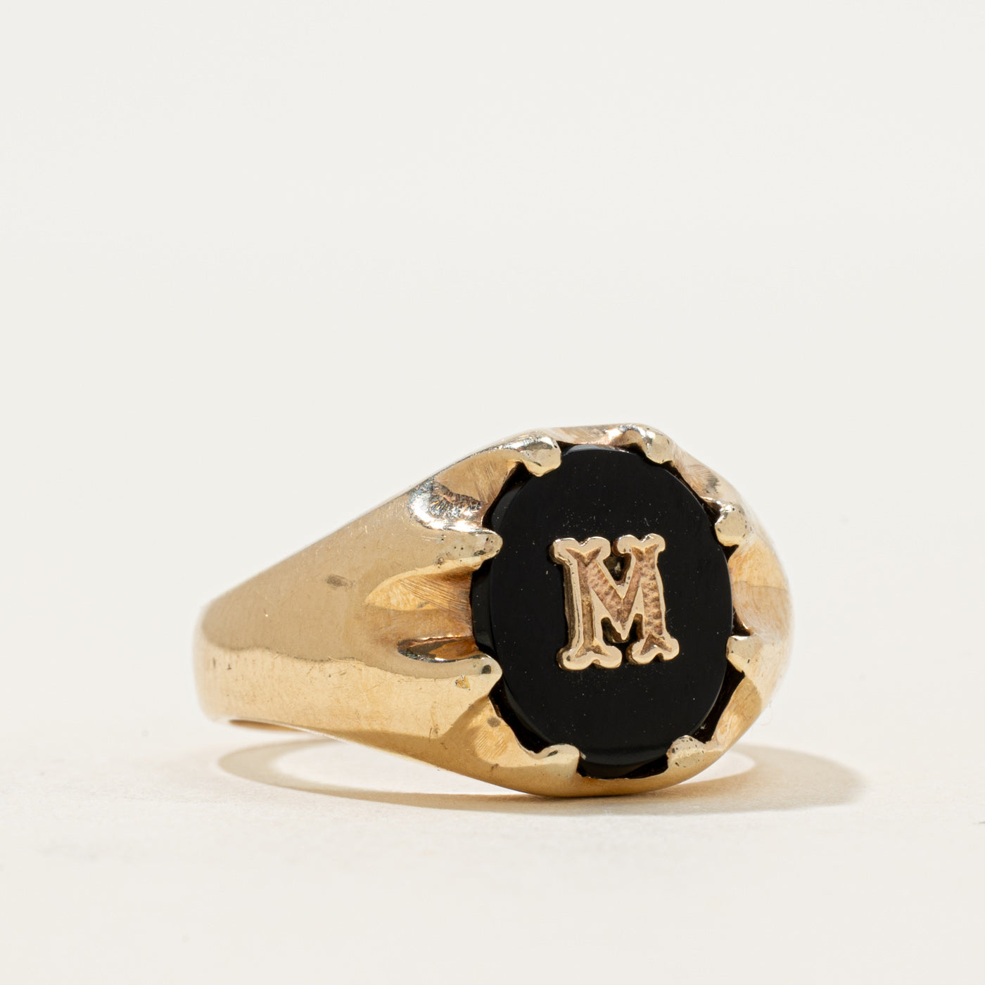 10k Belcher Set Onyx "M" Initial Signet Ring | 0.97ct | SZ 8.75