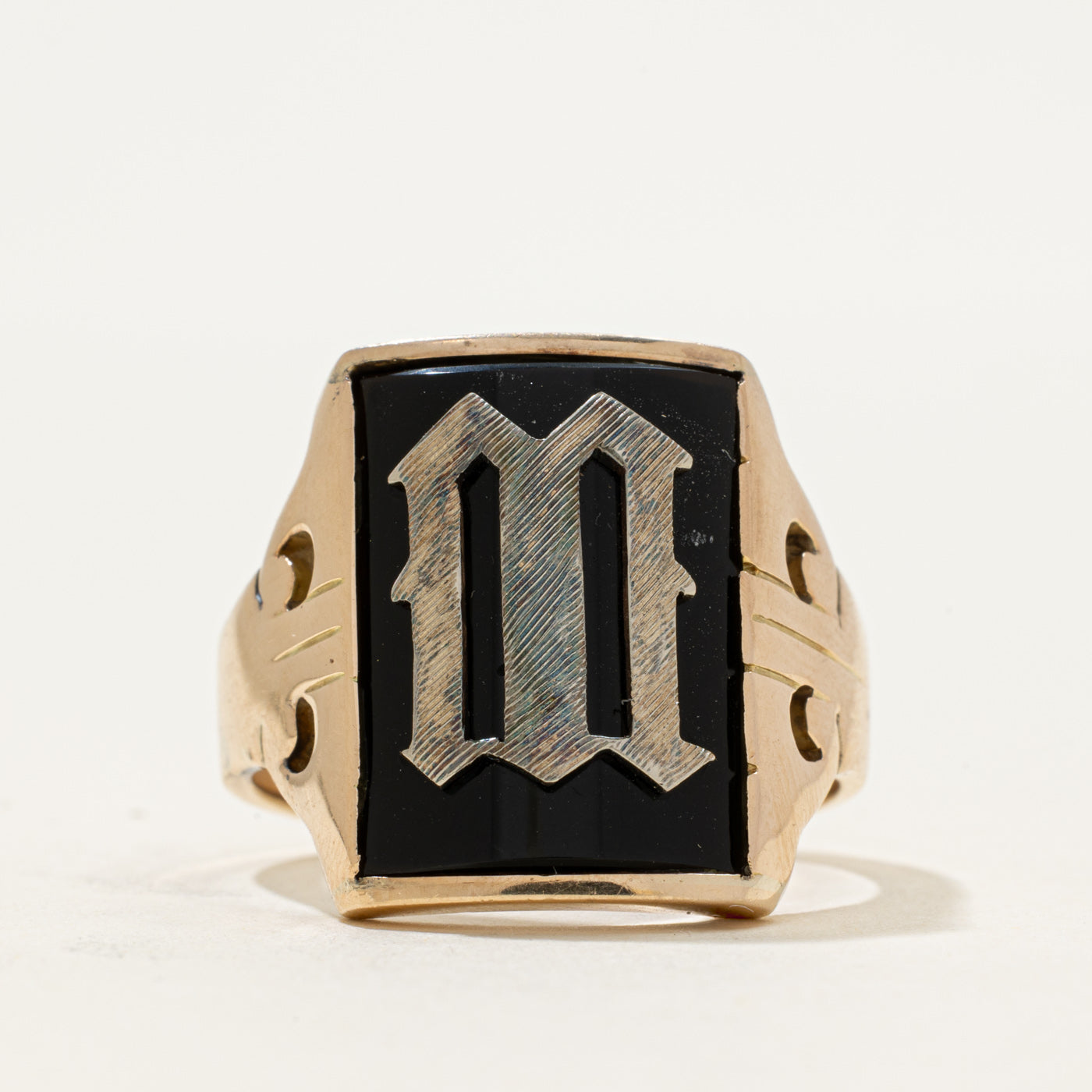 10k Bezel Set Onyx "M" Initial Signet Ring | 1.53ct | SZ 11.5