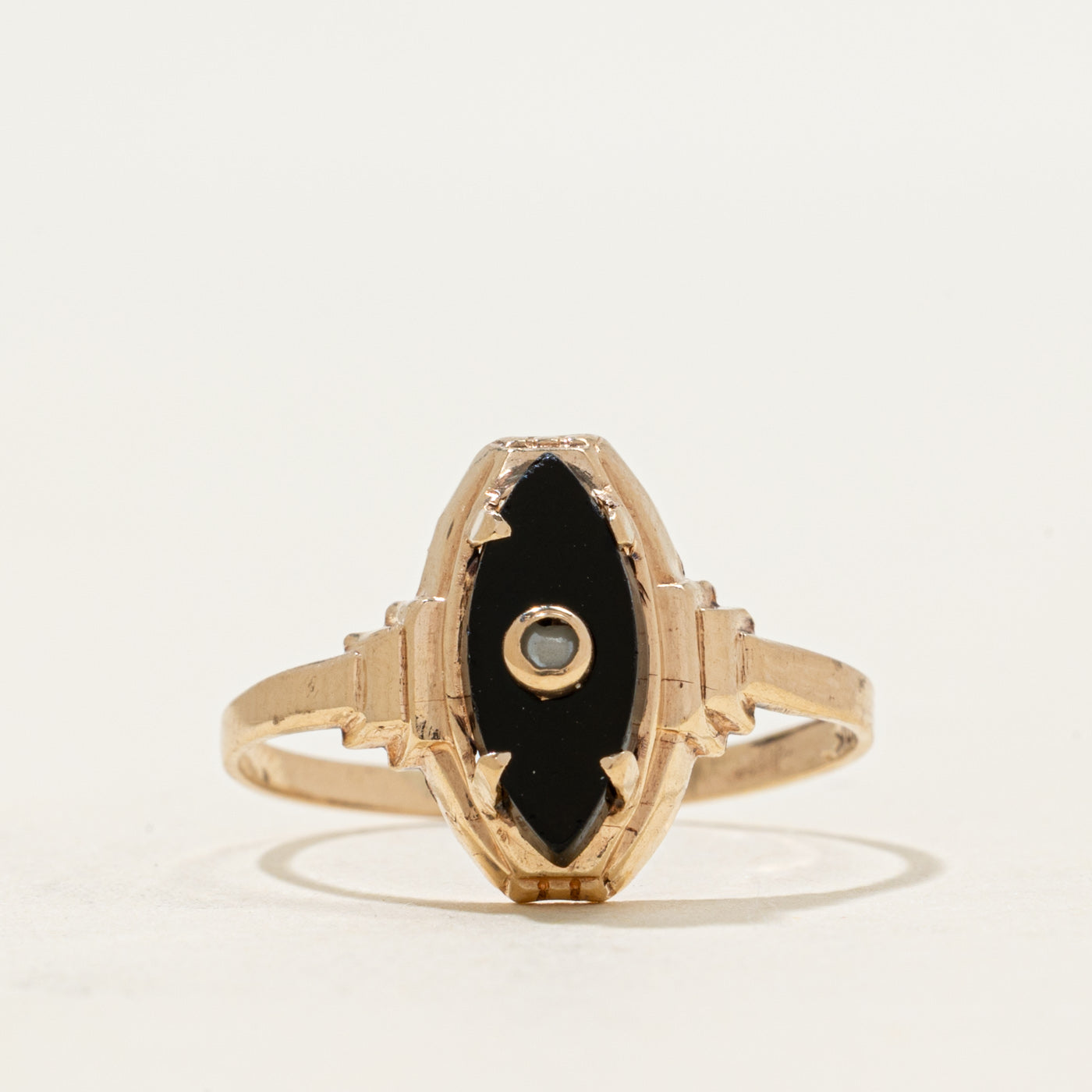 10k Onyx & Seed Pearl Navette Ring | 0.61ctw | SZ 7