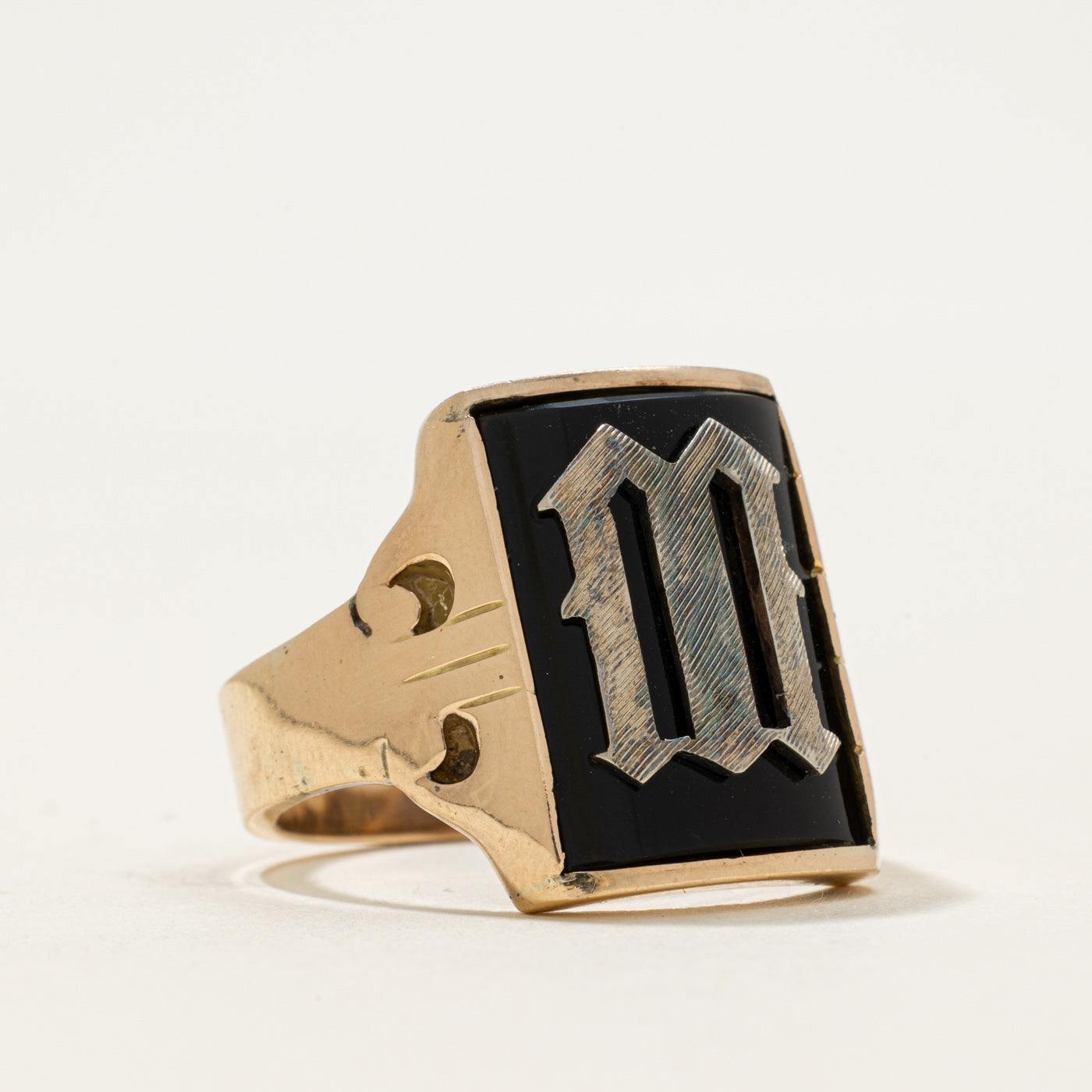 10k Bezel Set Onyx "M" Initial Signet Ring | 1.53ct | SZ 11.5