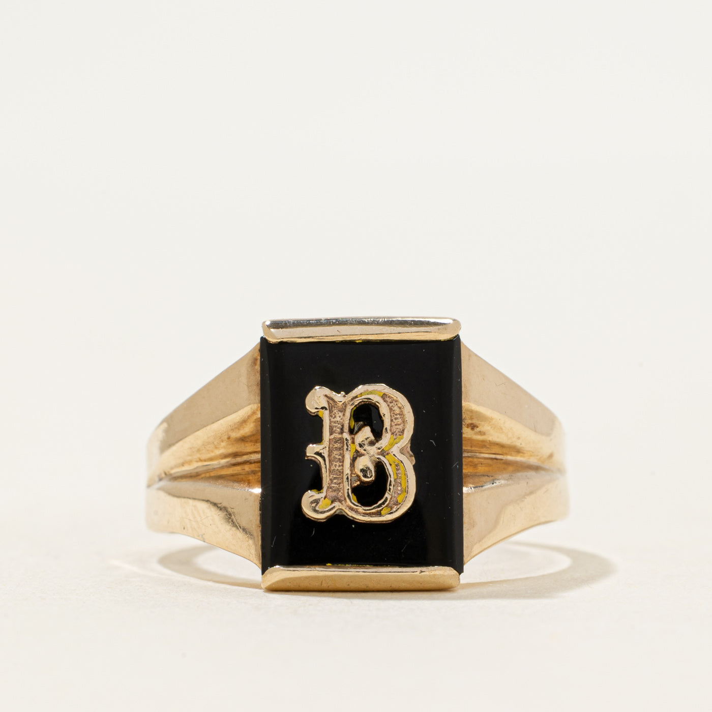 10k Onyx "B" Initial Grooved Signet Ring | 1.70ct | SZ 10.25