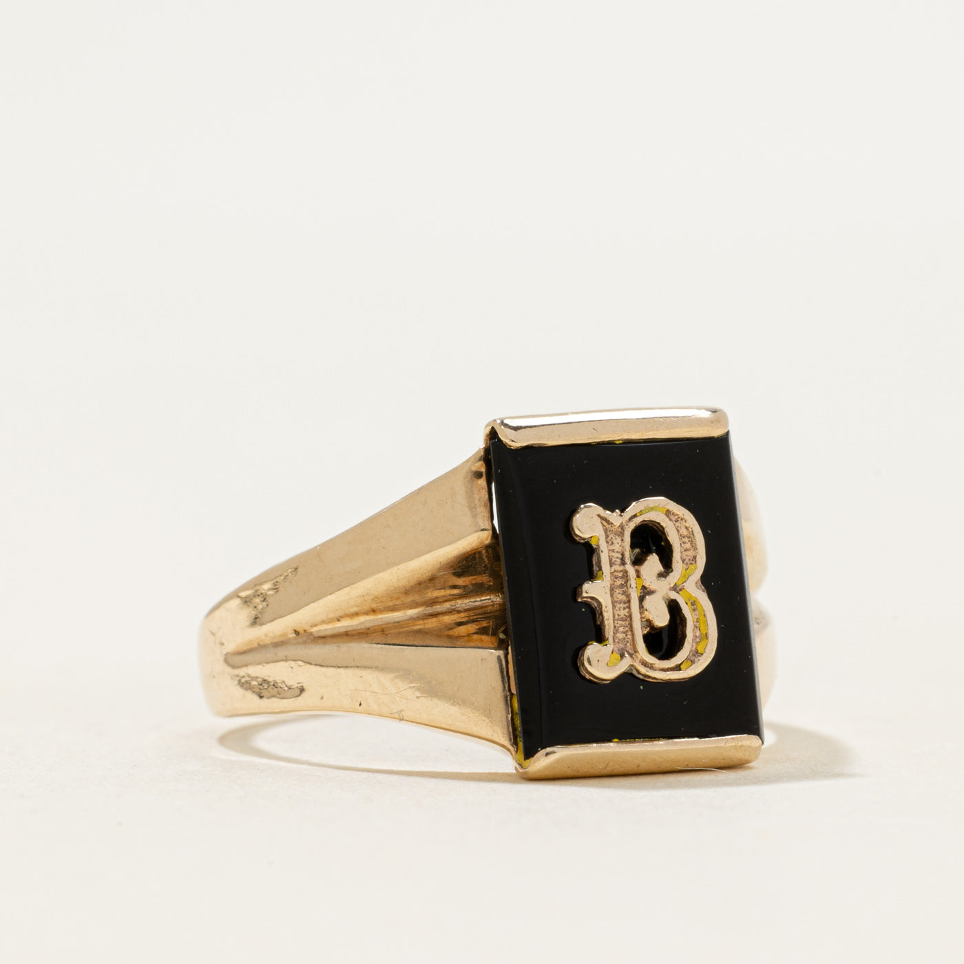 10k Onyx "B" Initial Grooved Signet Ring | 1.70ct | SZ 10.25