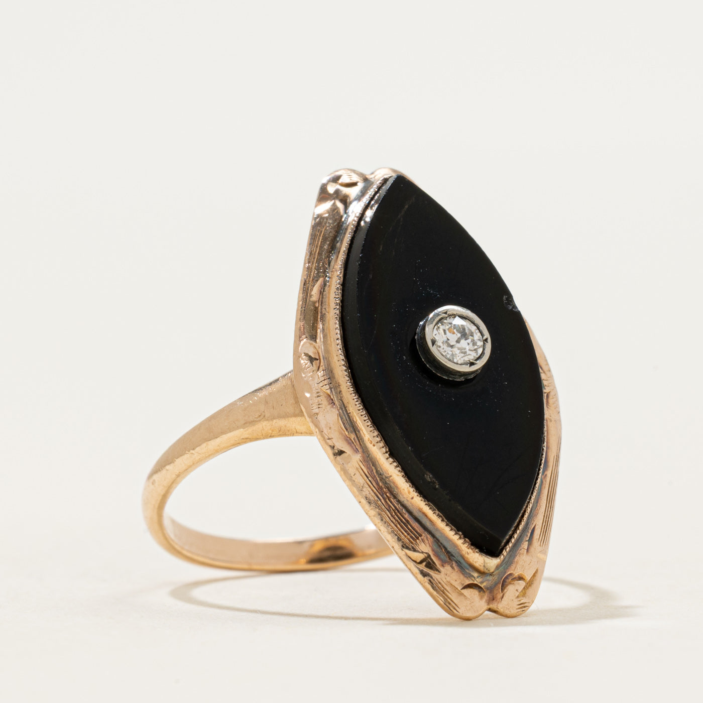 10k Onyx & Diamond Navette Ring | 1.29ct | SZ 6.75