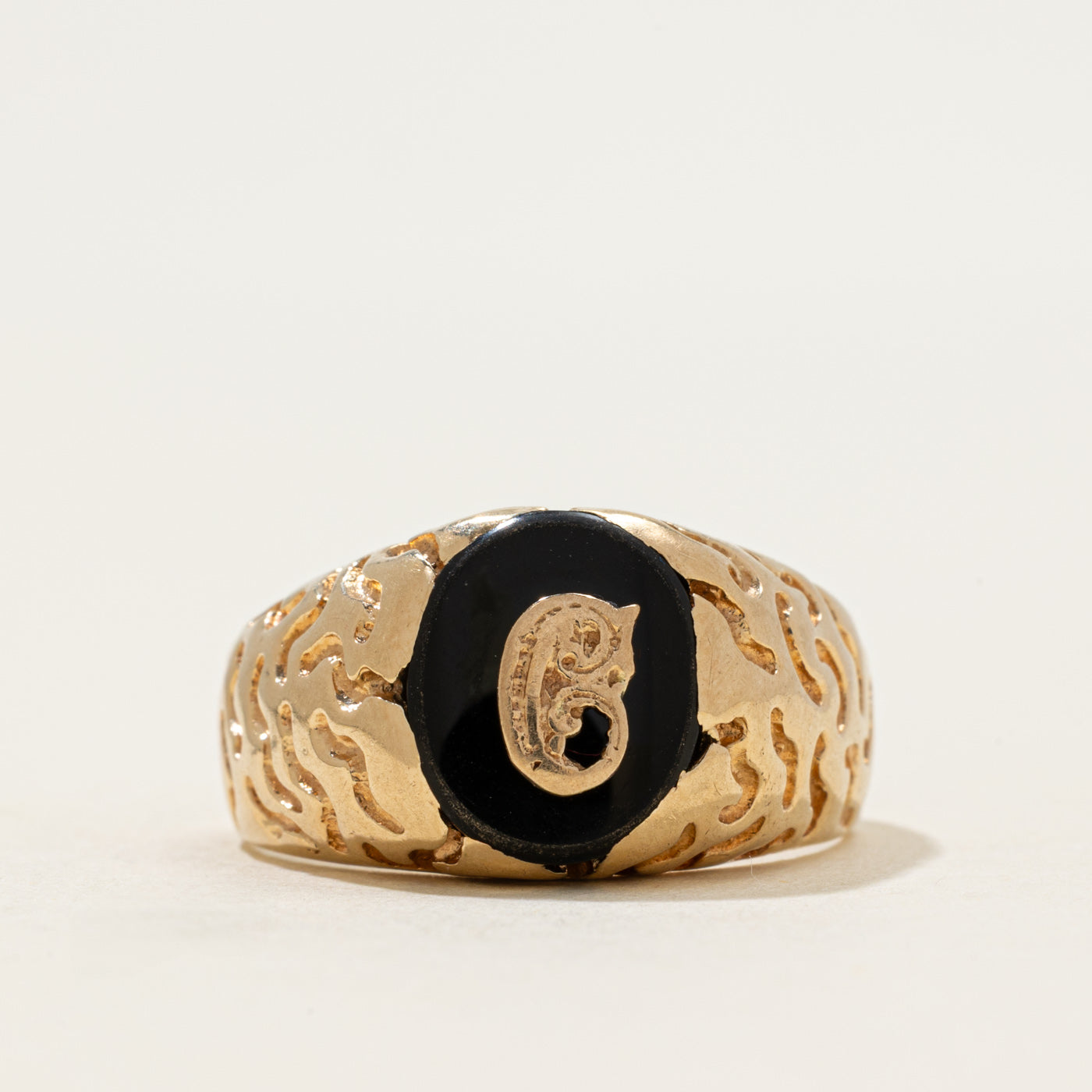 10k Onyx "C" Initial Textured Signet Ring | 2.04ct | SZ 11