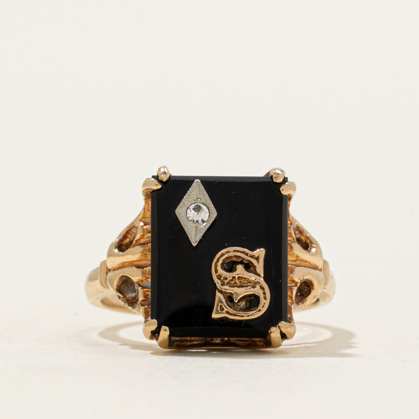 10k Onyx & Diamond "S" Initial Ornate Ring | 1.89ct | SZ 6