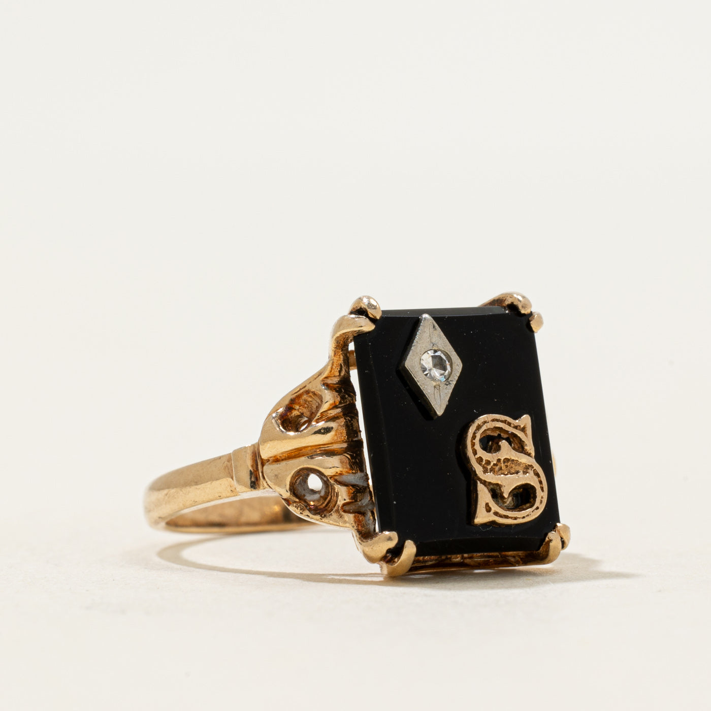 10k Onyx & Diamond "S" Initial Ornate Ring | 1.89ct | SZ 6