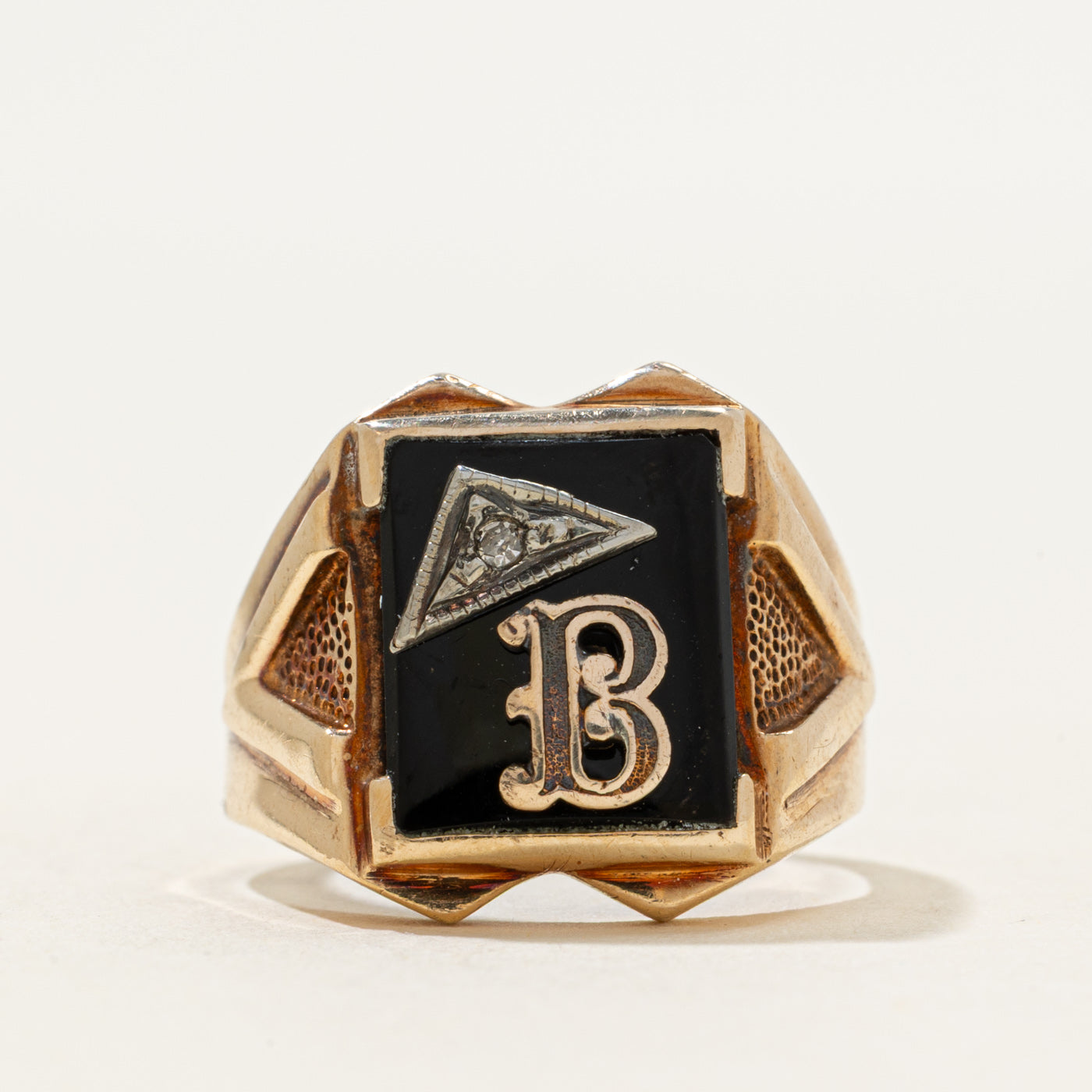 10k Onyx & Diamond "B" Initial Textured Signet Ring | 1.77ct | SZ 7.5