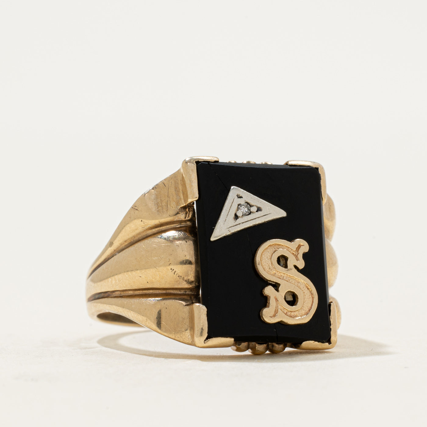 10k Onyx & Diamond "S" Initial Signet Ring | 3.15ct | SZ 9.25
