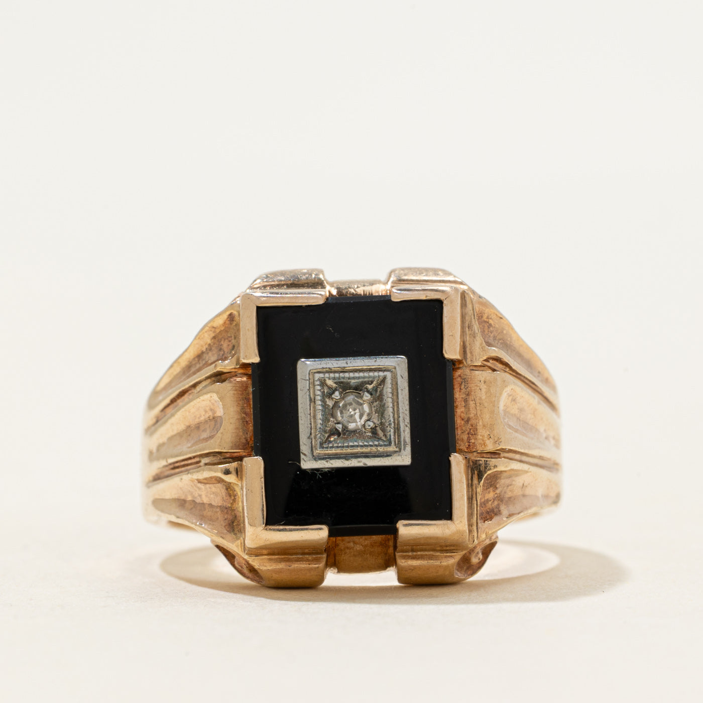 10k Onyx & Diamond Grooved Signet Ring | 1.60ct | SZ 9.5