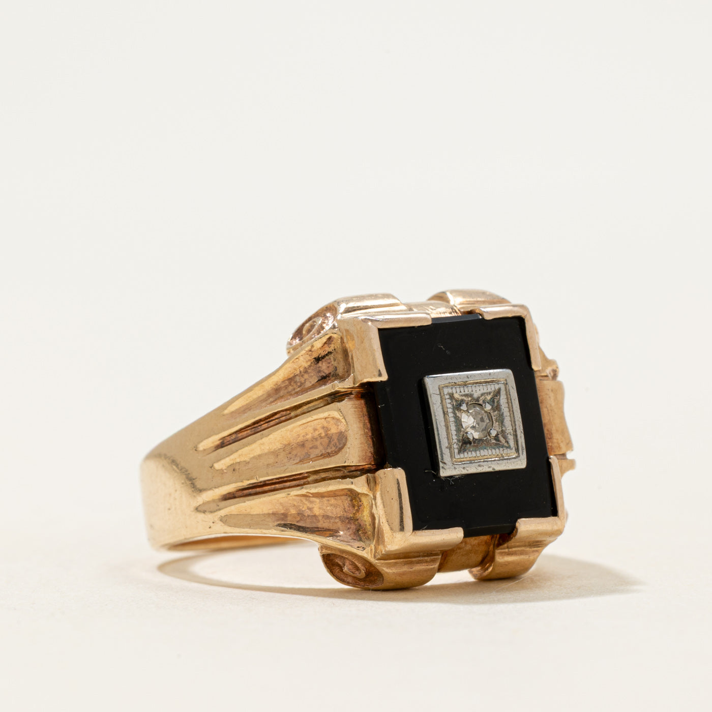 10k Onyx & Diamond Grooved Signet Ring | 1.60ct | SZ 9.5