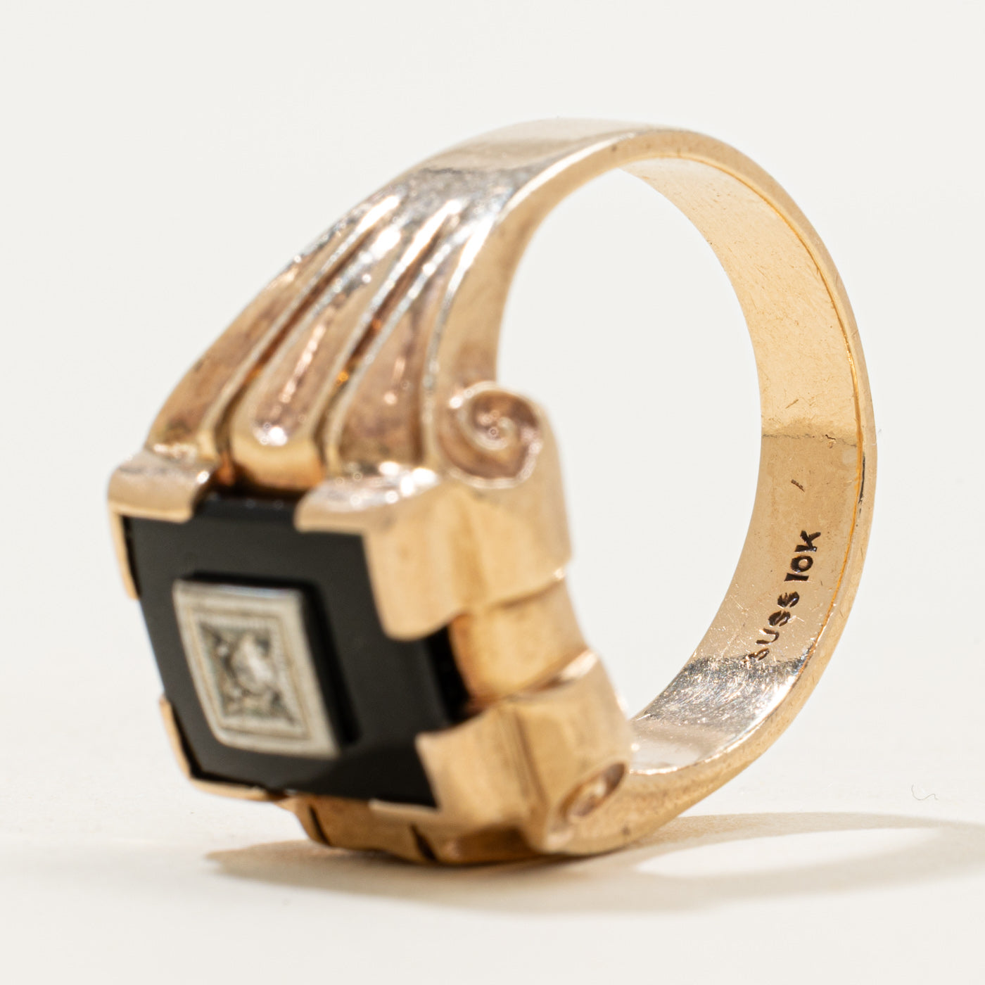 10k Onyx & Diamond Grooved Signet Ring | 1.60ct | SZ 9.5