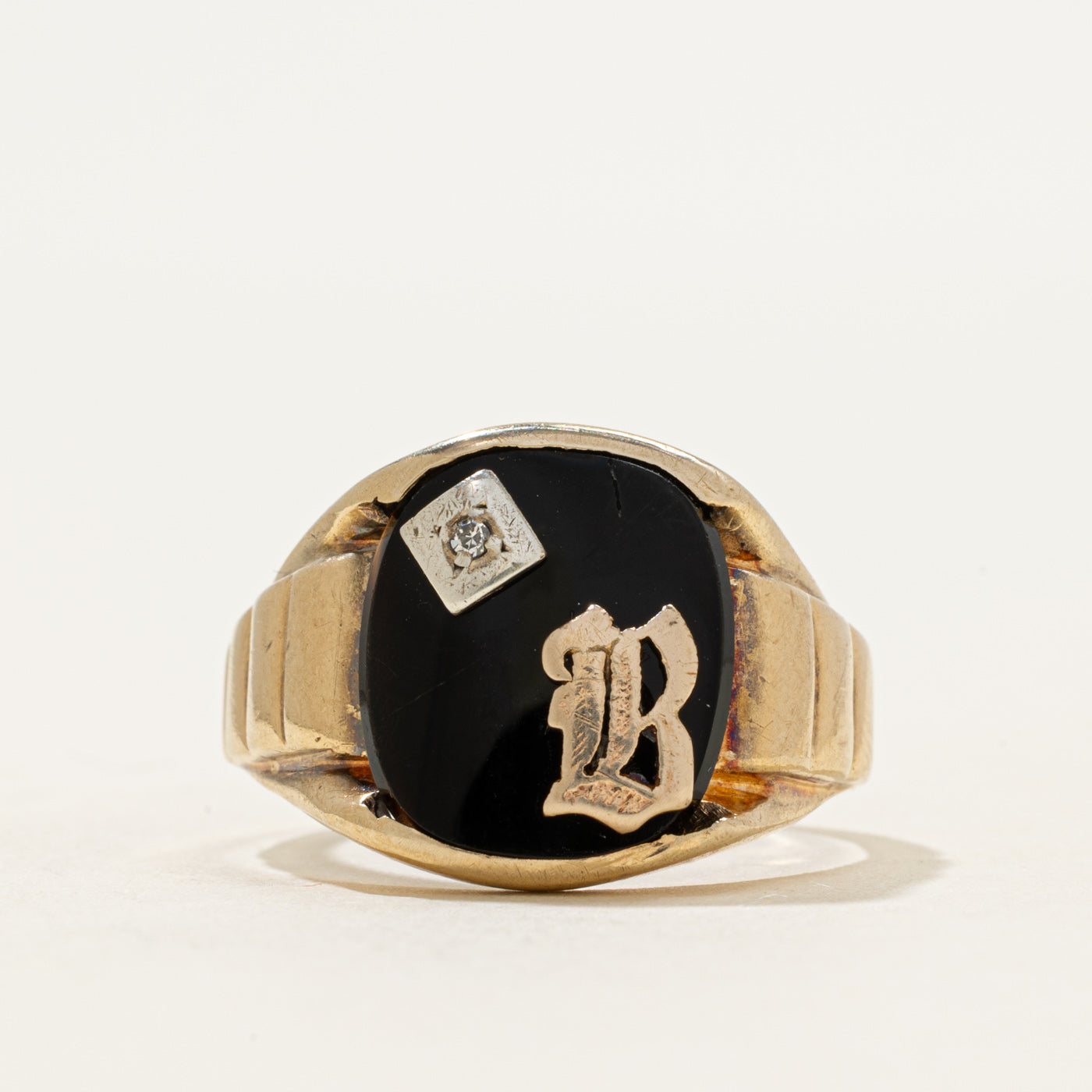10k Onyx & Diamond "B" Initial Grooved Signet Ring | 2.35ct | SZ 9