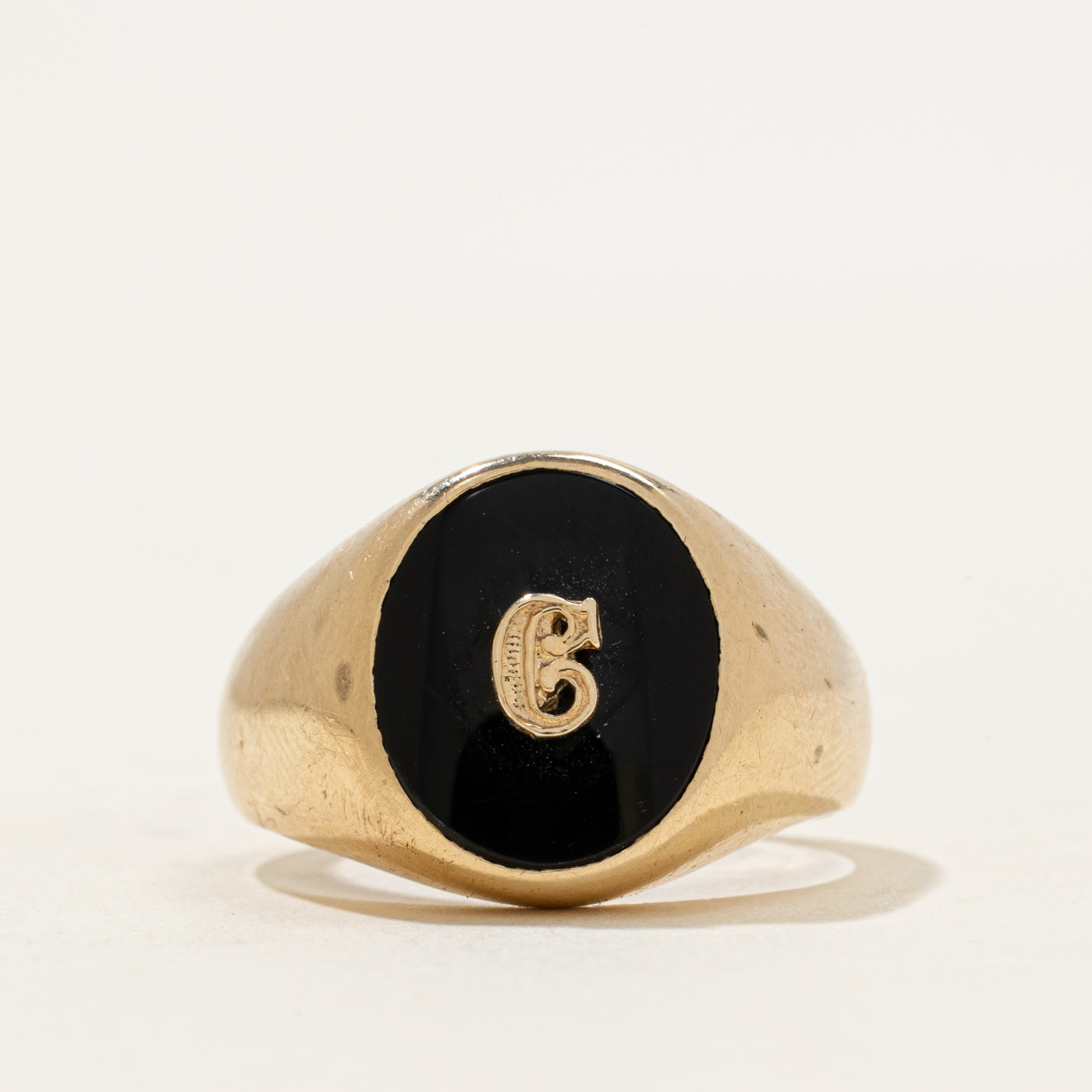 Vintage Canadian 10k Flush Set Onyx "C" Initial Signet Ring | 1.85ct | SZ 9.5