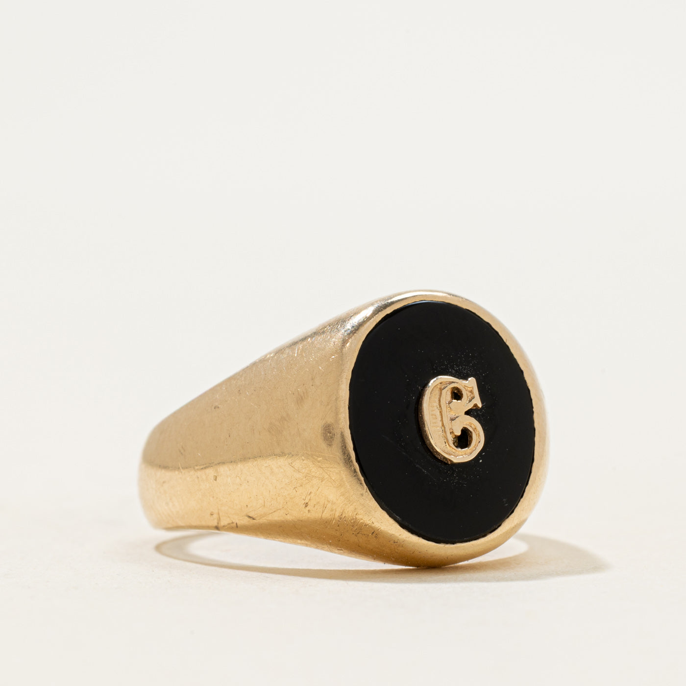 Vintage Canadian 10k Flush Set Onyx "C" Initial Signet Ring | 1.85ct | SZ 9.5