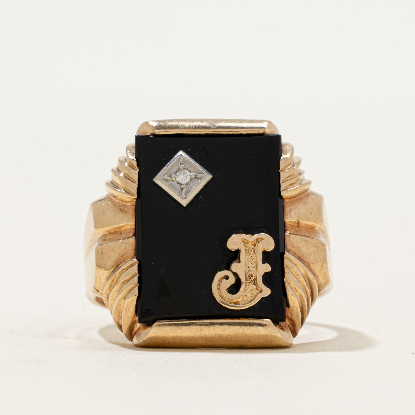 10k Onyx & Diamond "J" Initial Grooved Signet Ring | 2.83ct | SZ 8.25