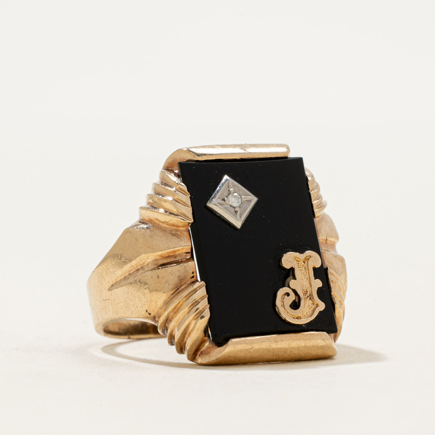 10k Onyx & Diamond "J" Initial Grooved Signet Ring | 2.83ct | SZ 8.25