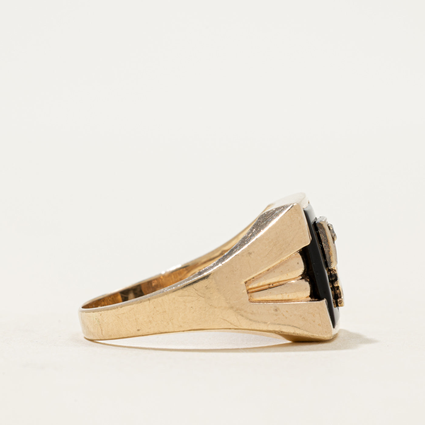 10k Onyx & Diamond "B" Initial Grooved Signet Ring | 1.37ct | SZ 10.25