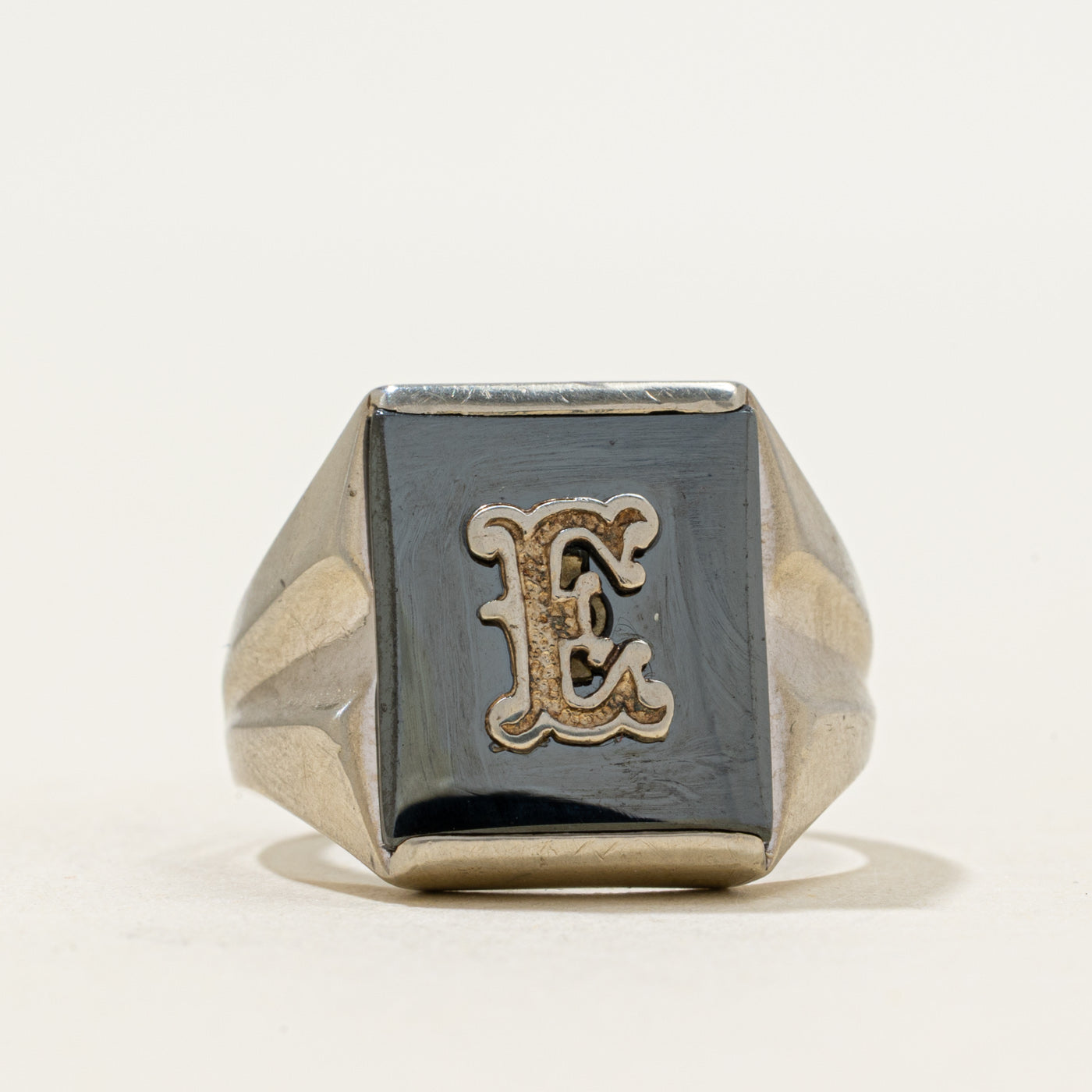 14k Hematite "E" Initial Signet Ring | 2.76ct | SZ 7.25