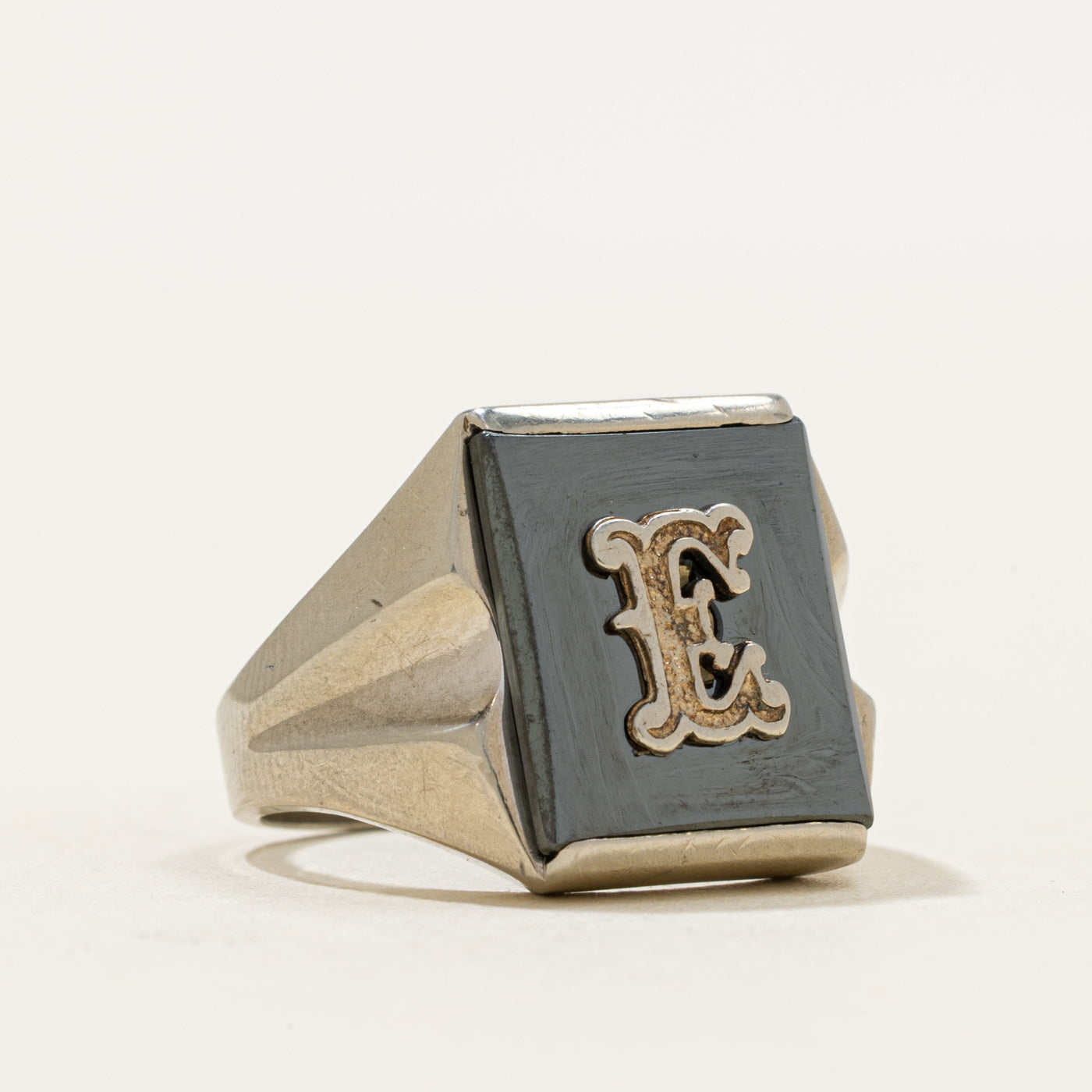 14k Hematite "E" Initial Signet Ring | 2.76ct | SZ 7.25
