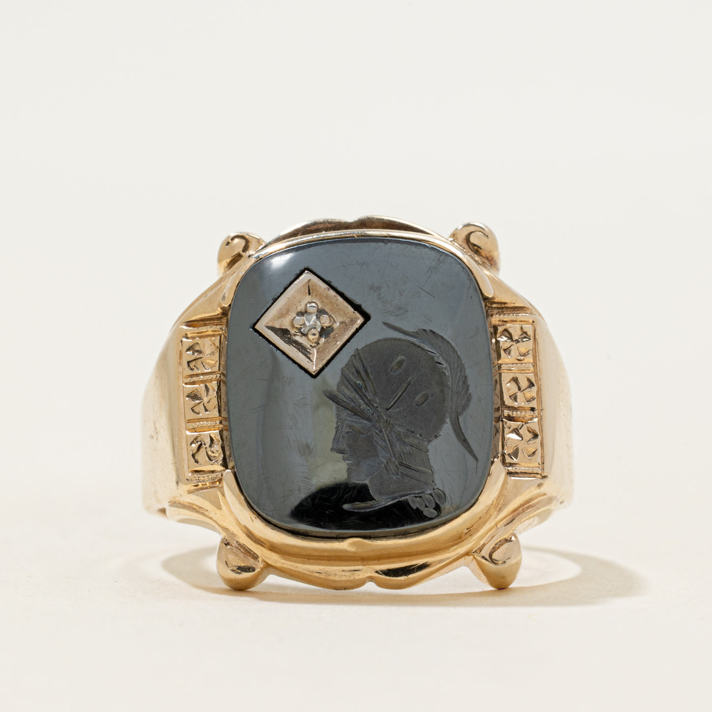 10k Hematite & Diamond Legionnaire Intaglio Signet Ring | 3.84ct | SZ 11