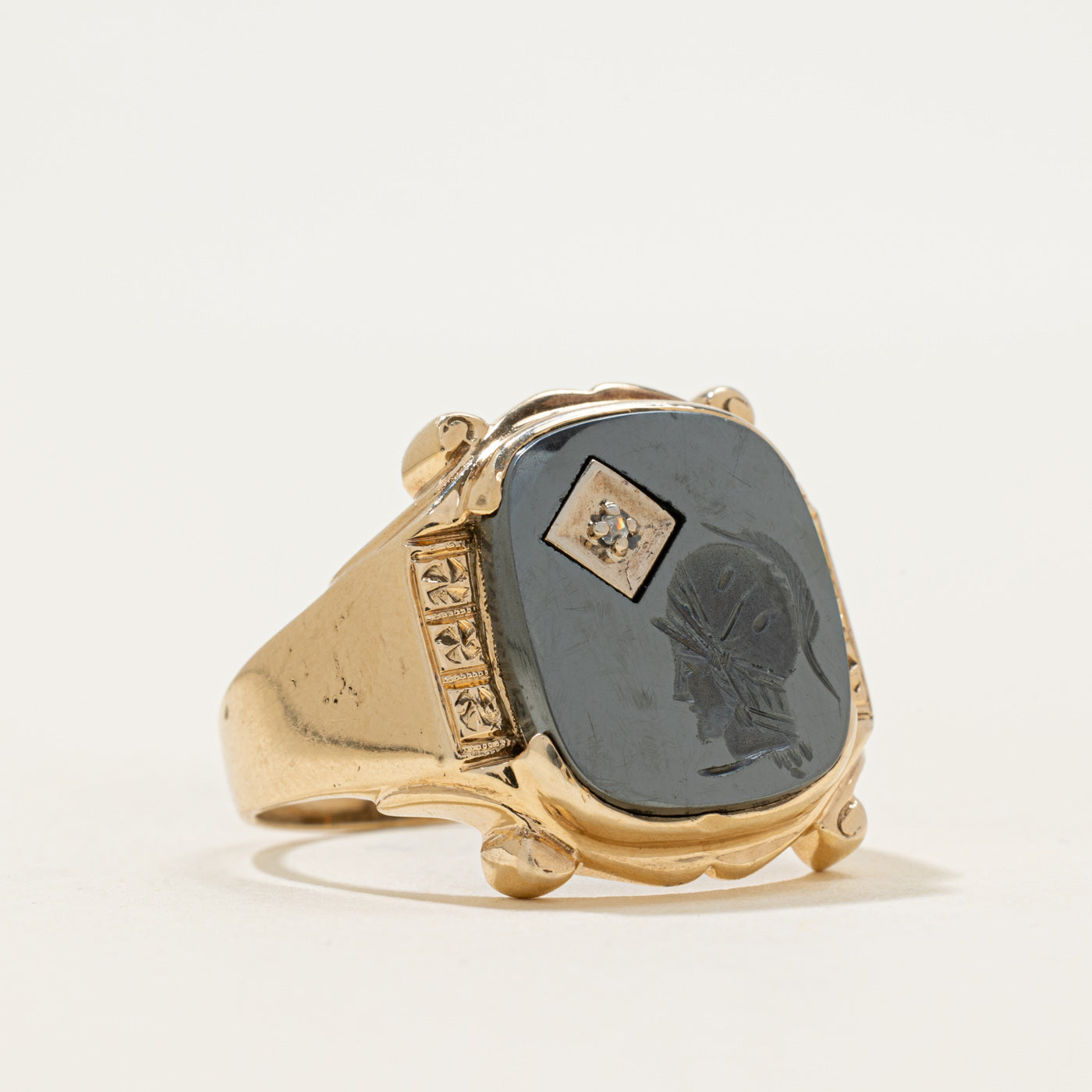 10k Hematite & Diamond Legionnaire Intaglio Signet Ring | 3.84ct | SZ 11