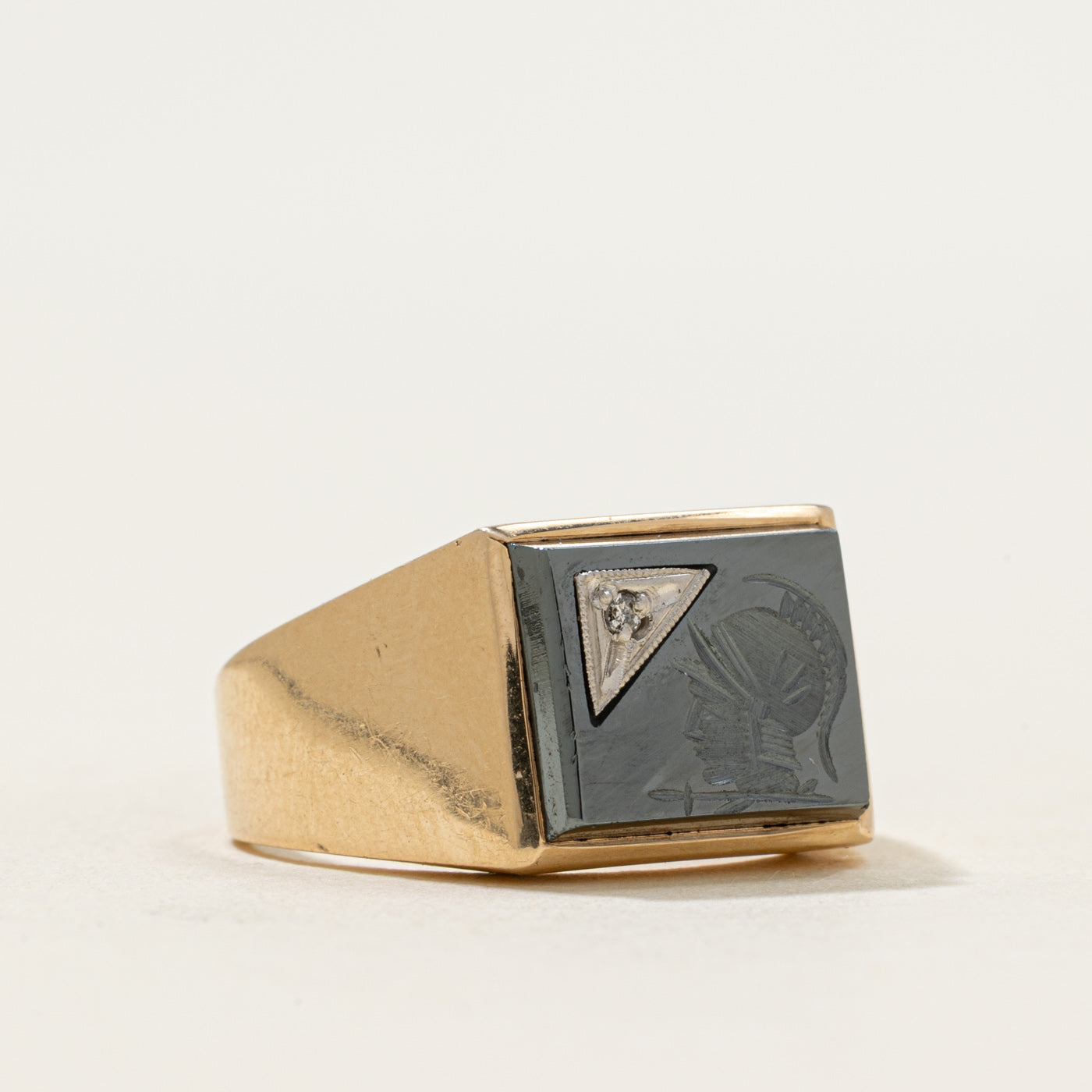 10k Hematite & Diamond Legionnaire Intaglio Signet Ring | SZ 7