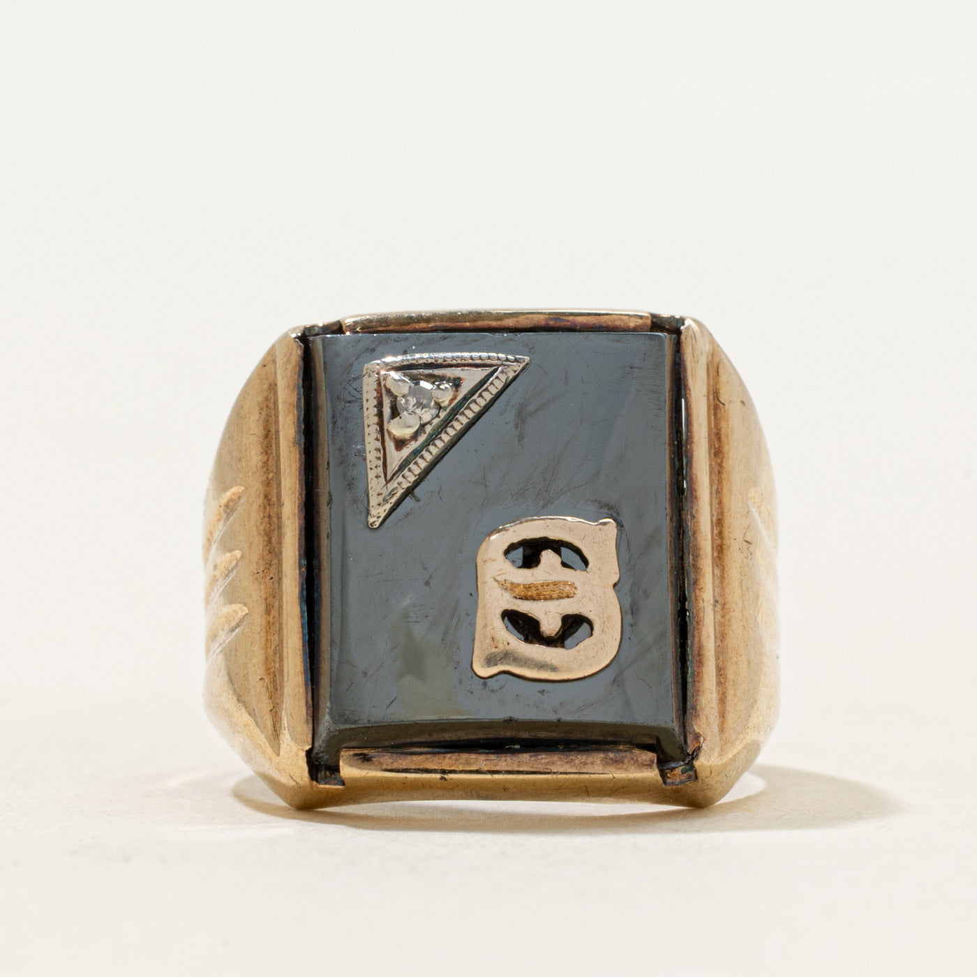 10k Hematite & Diamond "S" Initial Grooved Signet Ring | 2.87ct | SZ 5