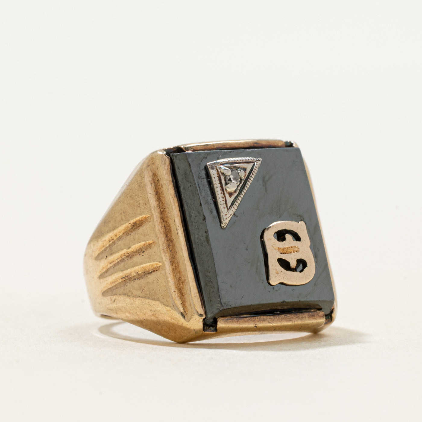 10k Hematite & Diamond "S" Initial Grooved Signet Ring | 2.87ct | SZ 5