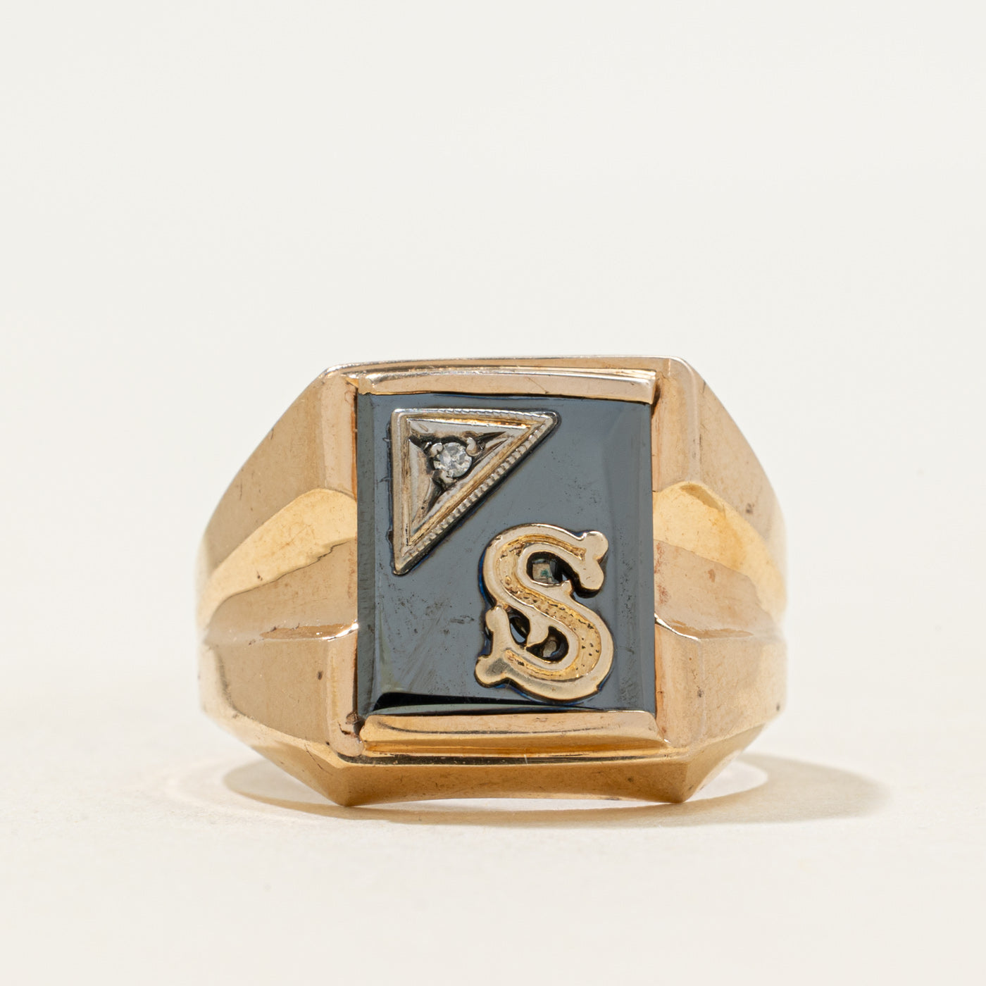 10k Hematite & Diamond "S" Initial Signet Ring | SZ 7.5