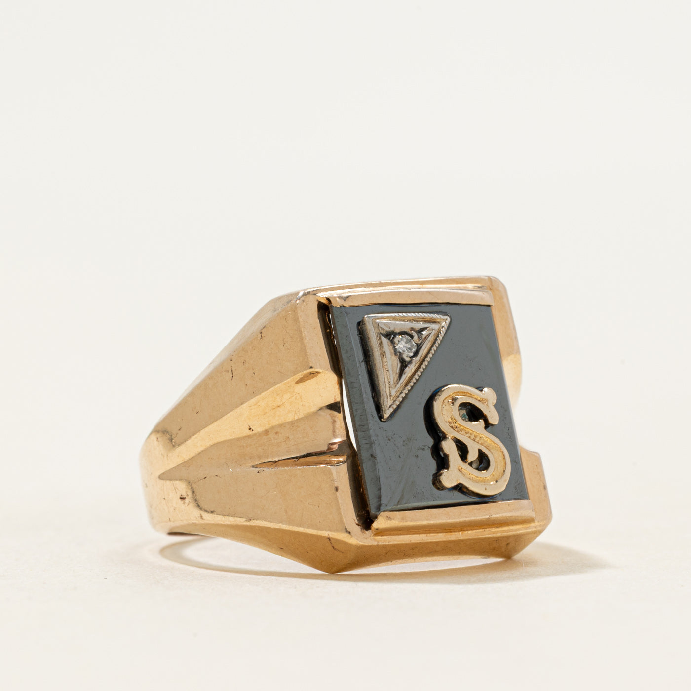 10k Hematite & Diamond "S" Initial Signet Ring | SZ 7.5