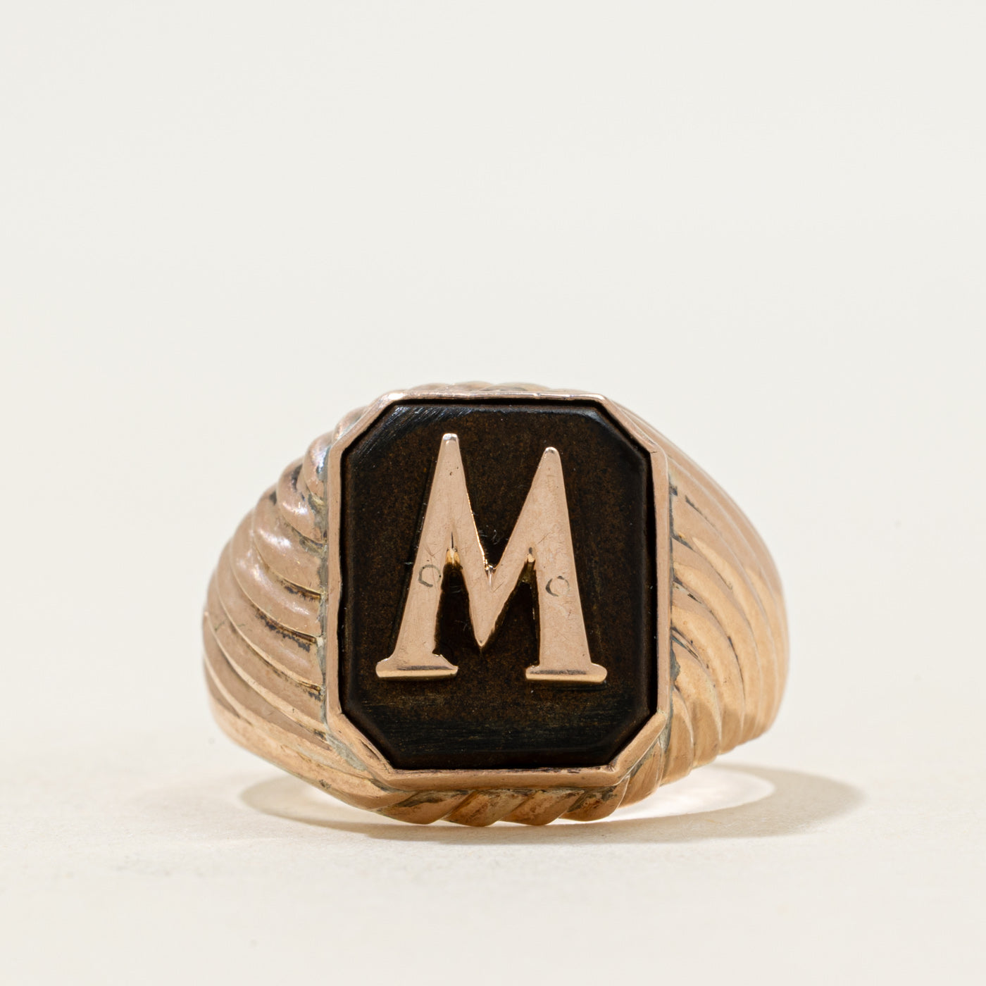 14k Onyx "M" Initial Croissant Signet Ring | 1.00ct | SZ 8.25