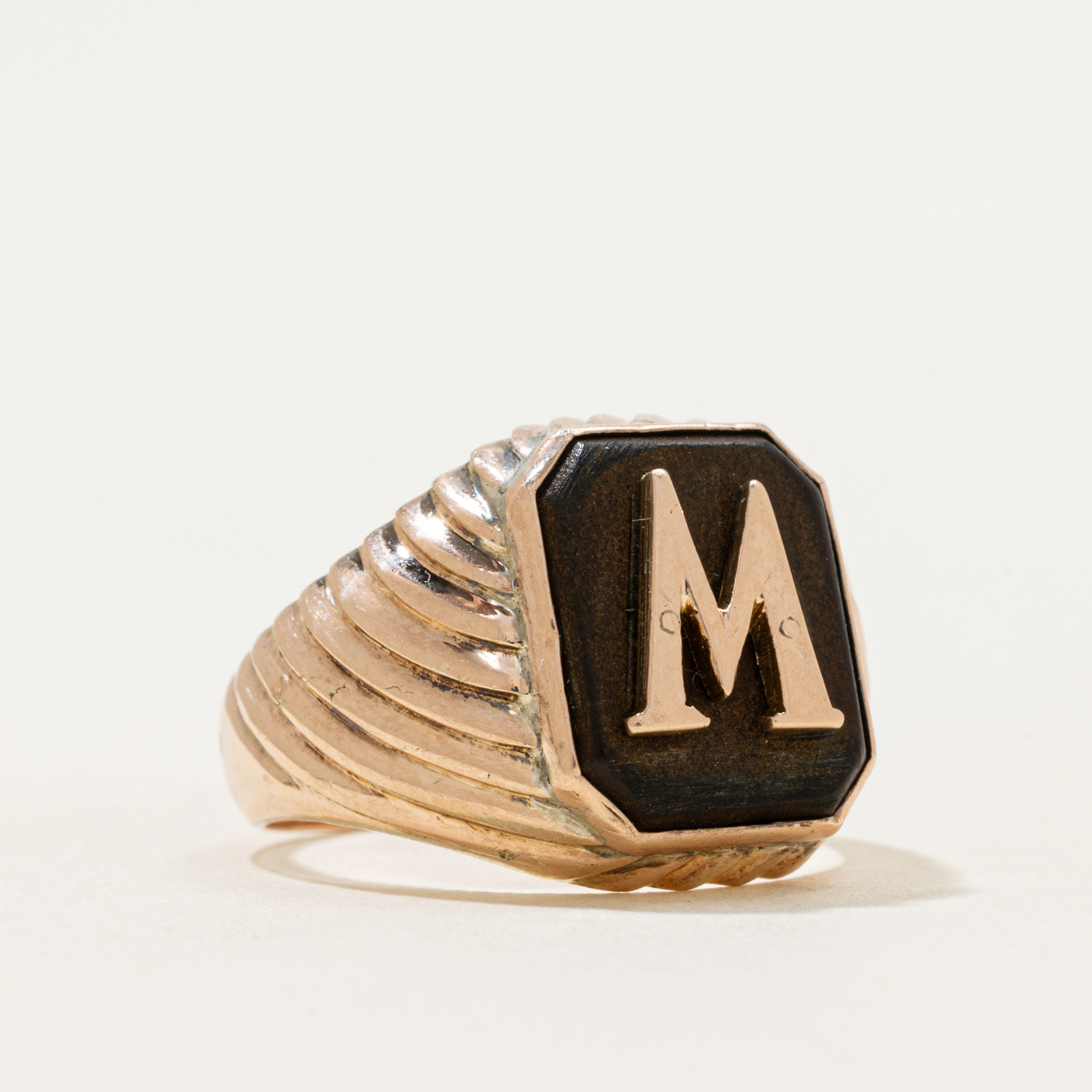 14k Onyx "M" Initial Croissant Signet Ring | 1.00ct | SZ 8.25