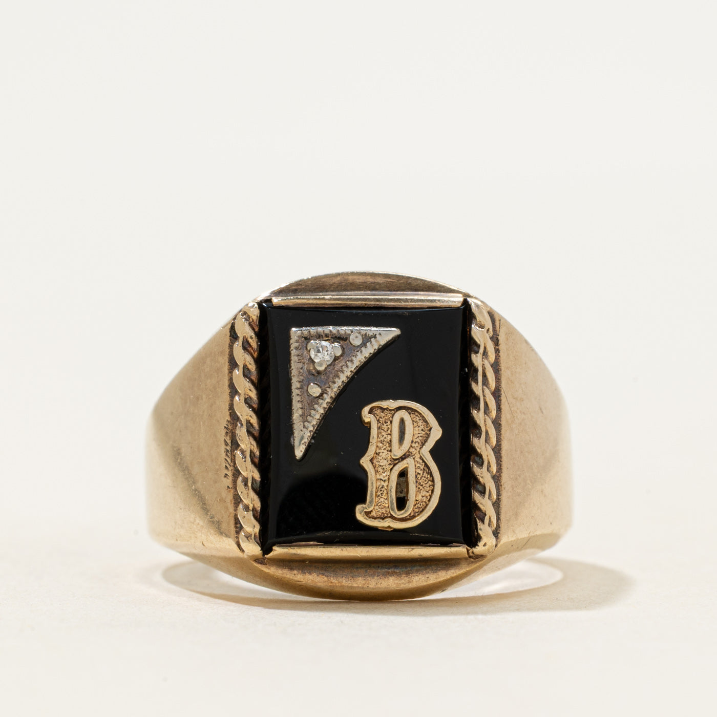 10k Onyx & Diamond Accent "B" Initial Signet Ring | 1.02ct | SZ 9.25