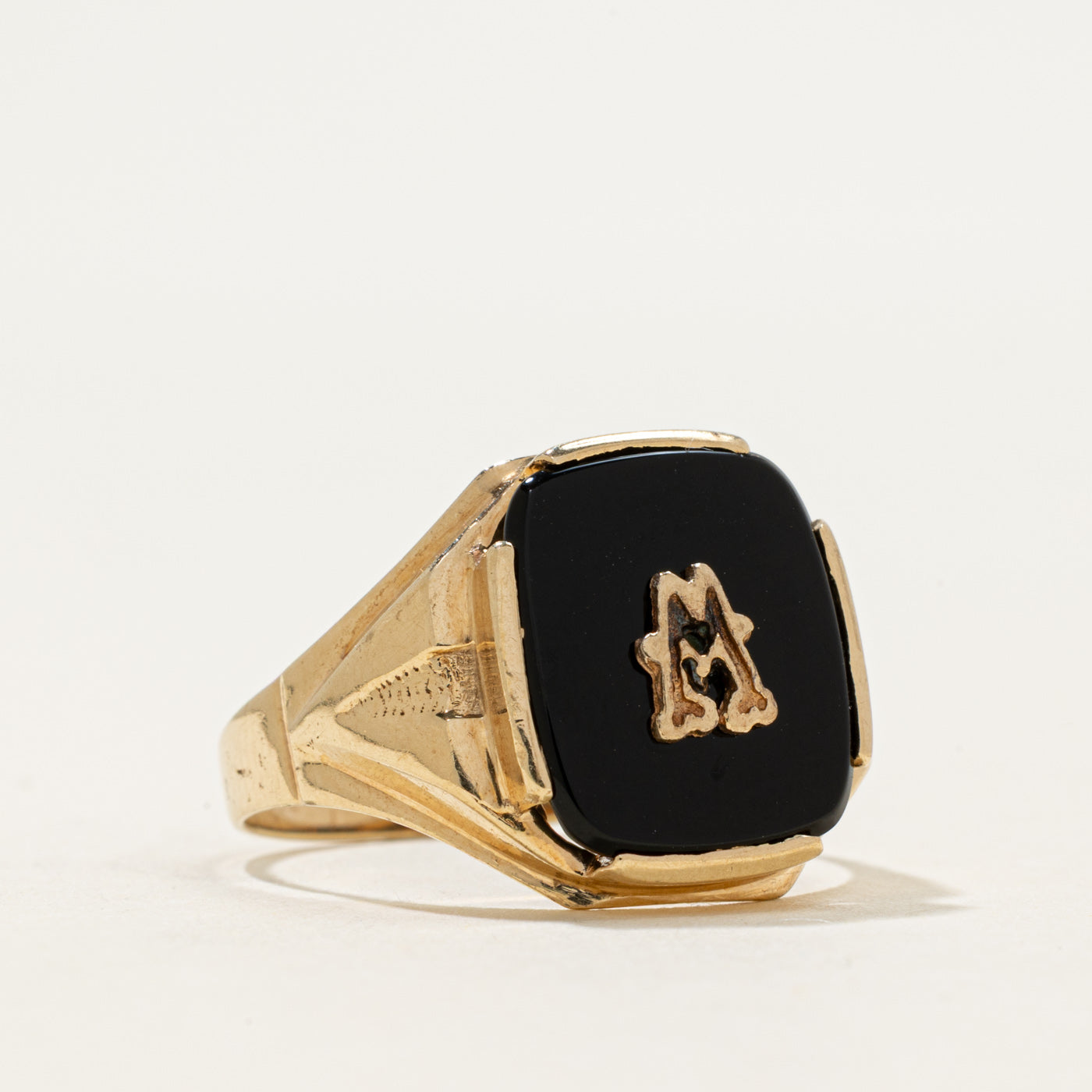 10k Onyx "M" Initial Signet Ring | 2.18ct | SZ 9.25