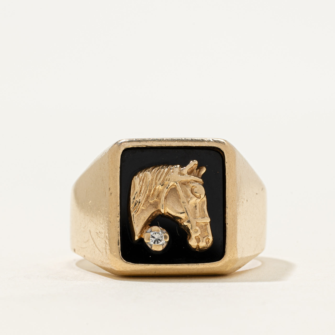 10k Onyx & Diamond Horse Signet Ring | 1.28ct | SZ 12