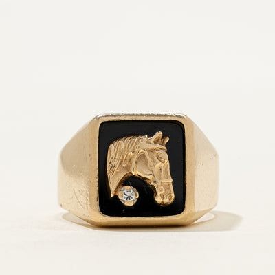 10k Onyx & Diamond Horse Signet Ring | 1.28ct | SZ 12
