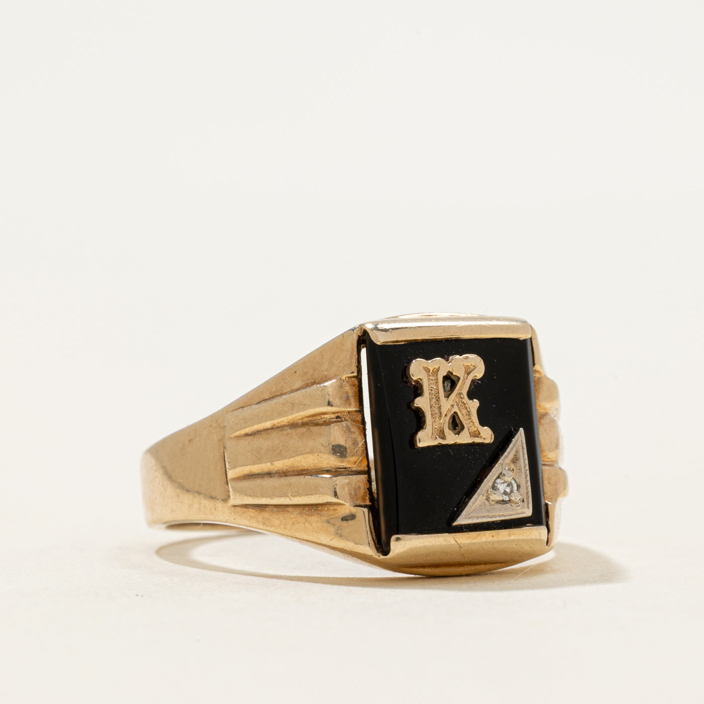 10k Onyx & Diamond "K" Initial Signet Ring | 1.63ct | SZ 11