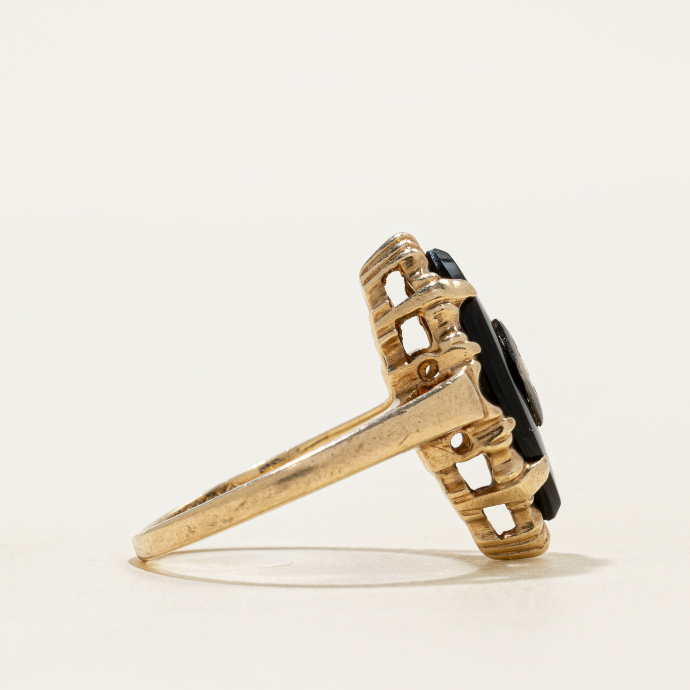 Vintage Canadian 10k Onyx & Diamond Navette Ring | 1.50ct | SZ 4.5